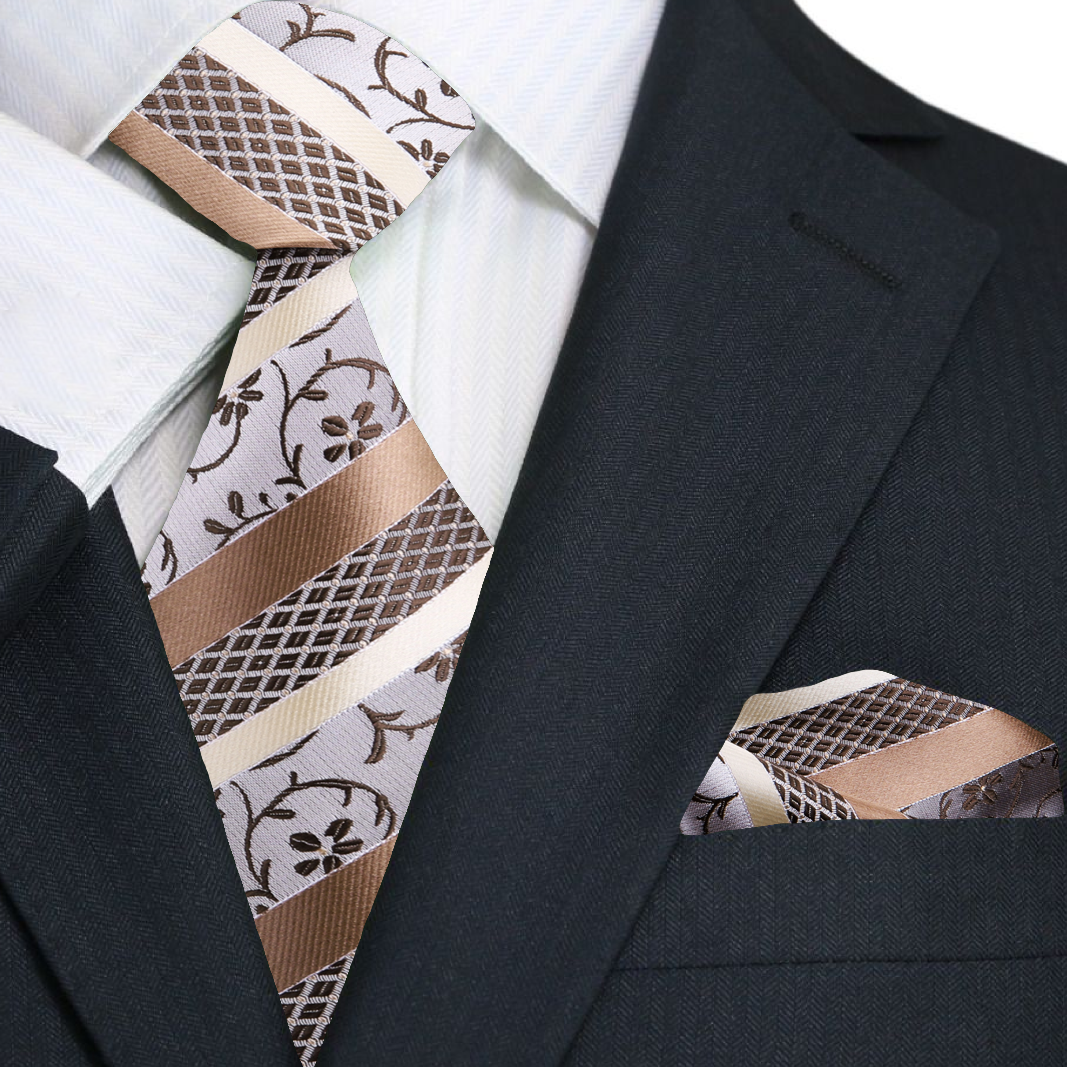 Close-up of silk tie showing floral vine pattern in golden brown tones