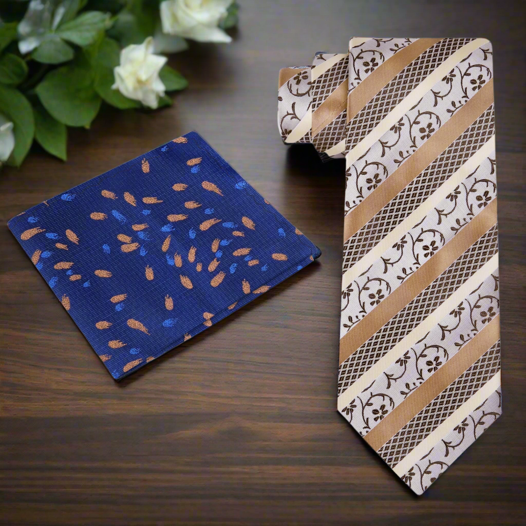 Mens tie with matching pocket square displayed on wooden surface