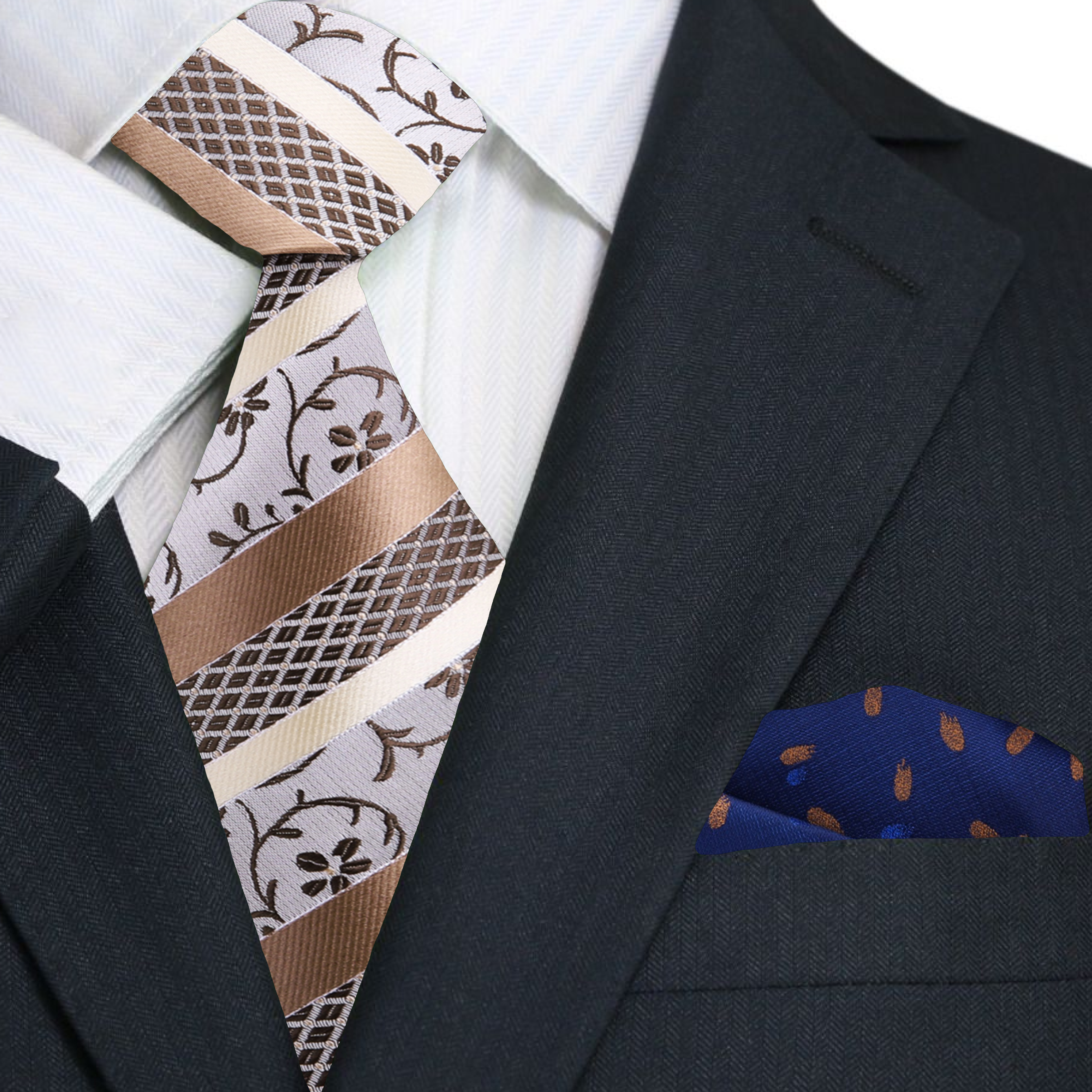 Golden Vine necktie styled with cream shirt and beige suit for wedding