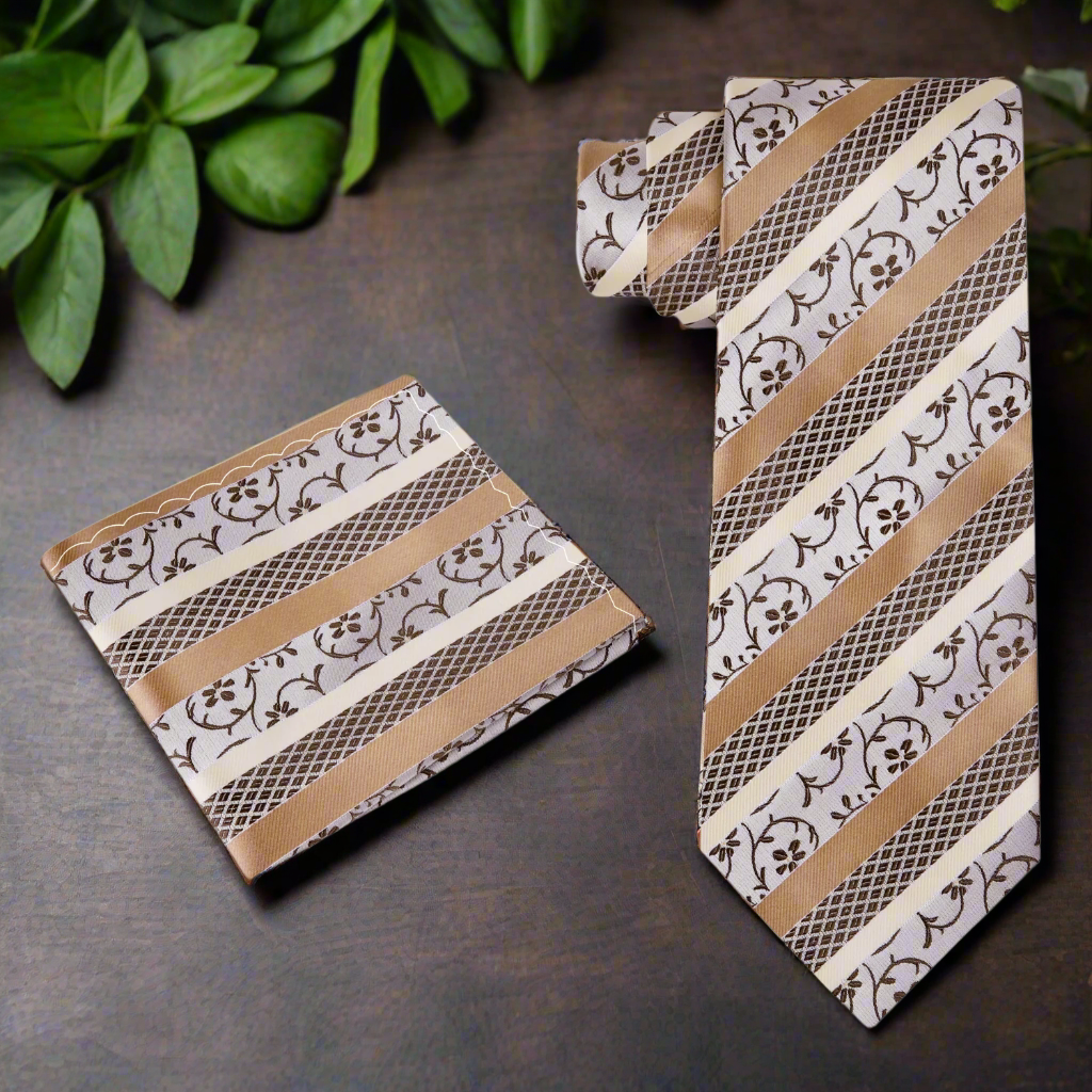 Golden Vine necktie styled with cream shirt and beige suit for wedding