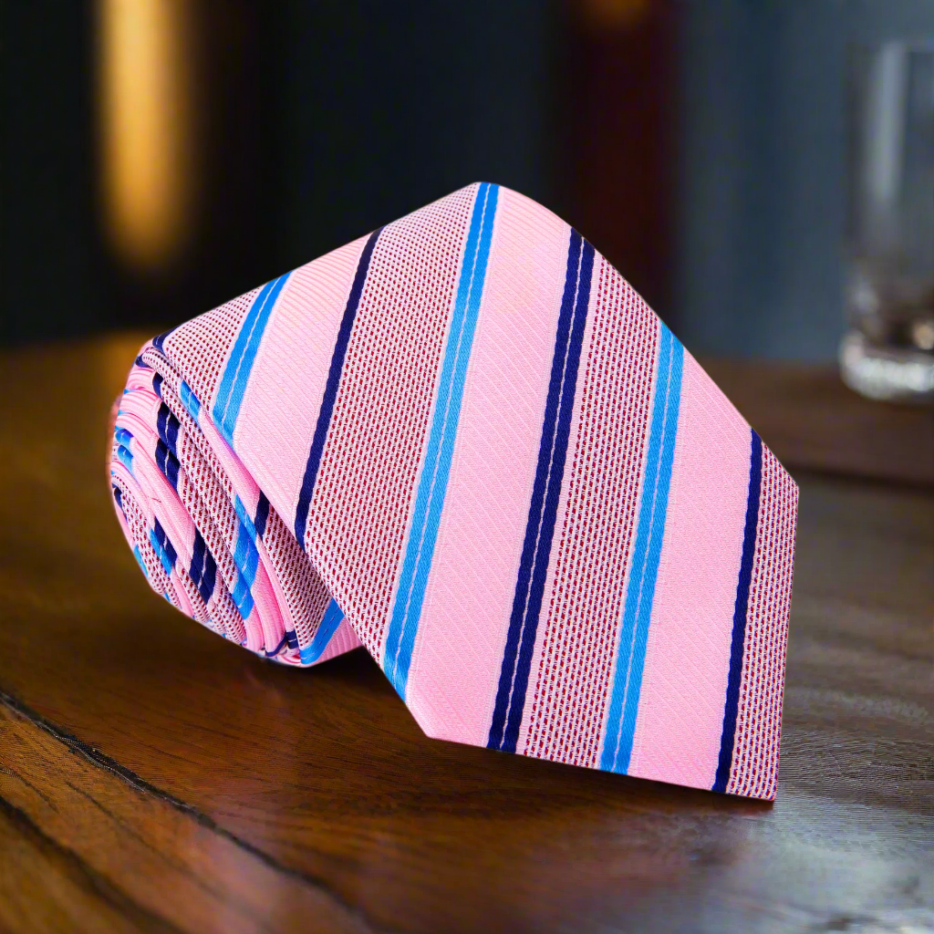 Close-up of pink silk necktie with blue stripes, ideal for business and formal events