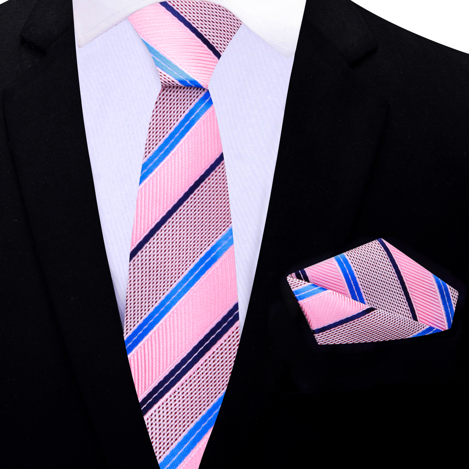 Close-up of pink silk necktie with blue stripes, ideal for business and formal events