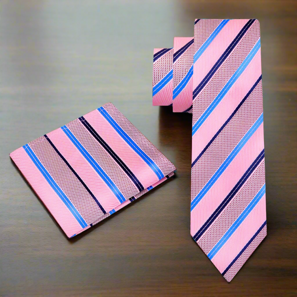 Man wearing pink striped tie with light blue shirt, ready for a wedding or meeting