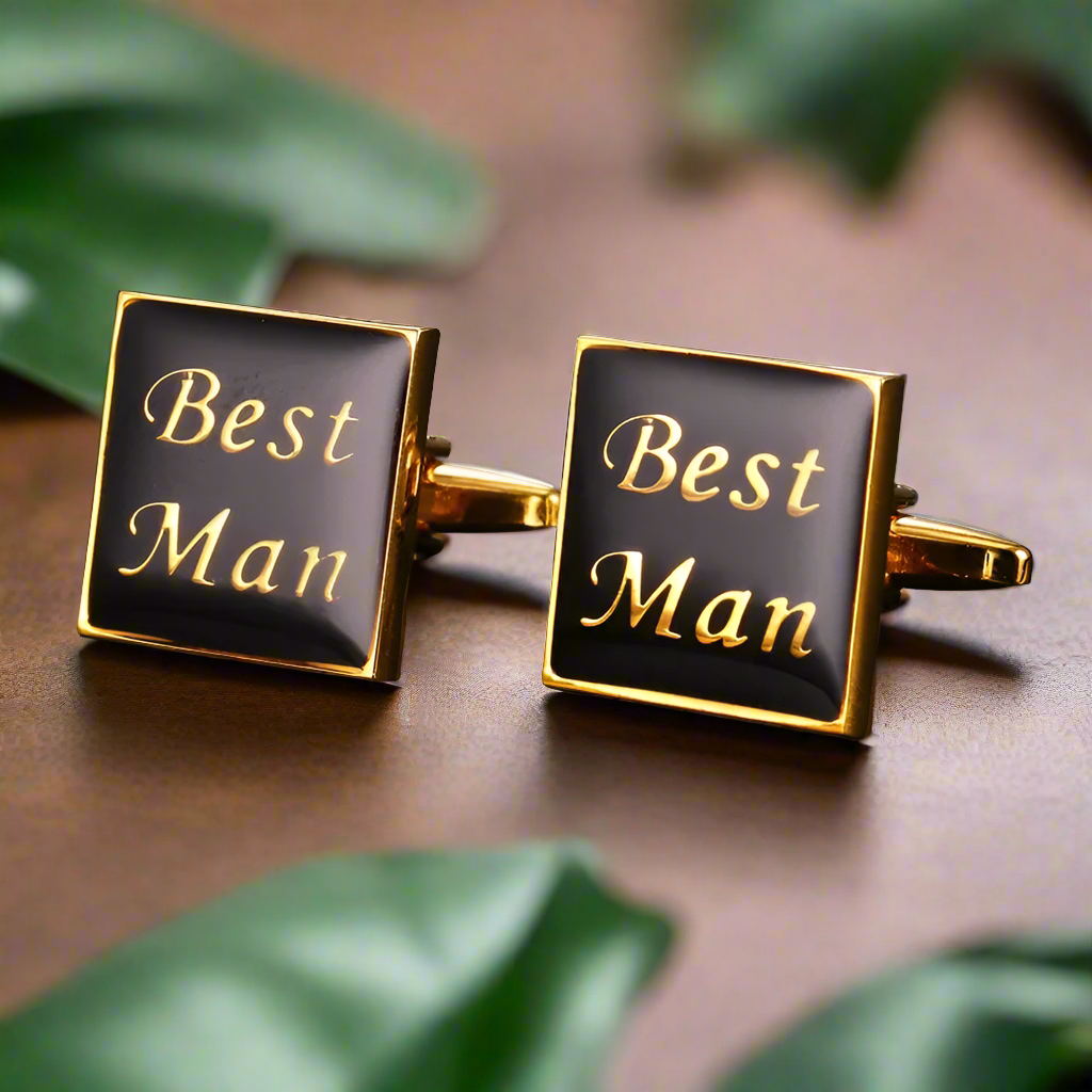 Gold and black cufflinks for wedding party with 'Best Man' title, showcasing polished finish.