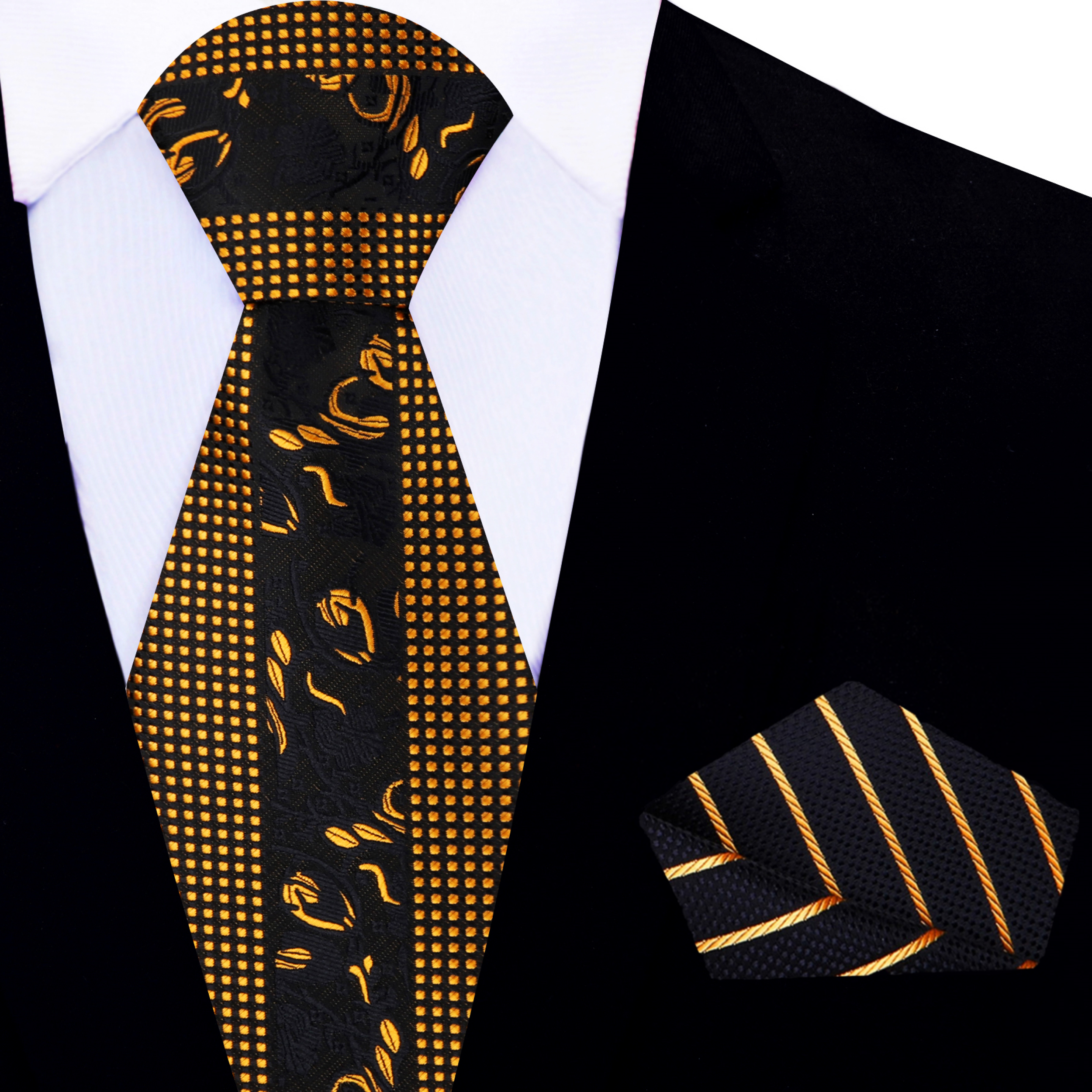 Sophisticated black and gold necktie displayed on a dress shirt, highlighting its elegant style.