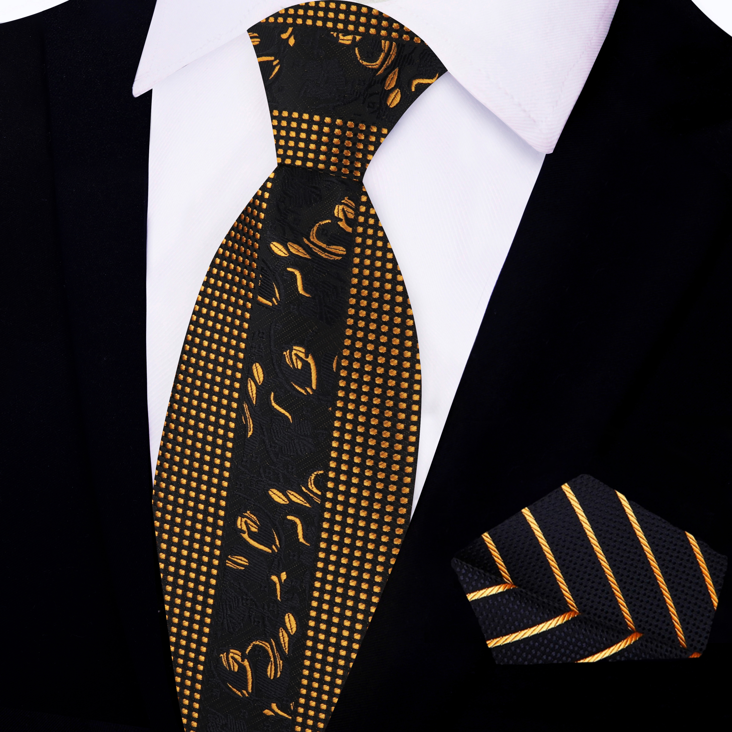 Close-up view of the floral center design of the black necktie showcasing antique gold details.