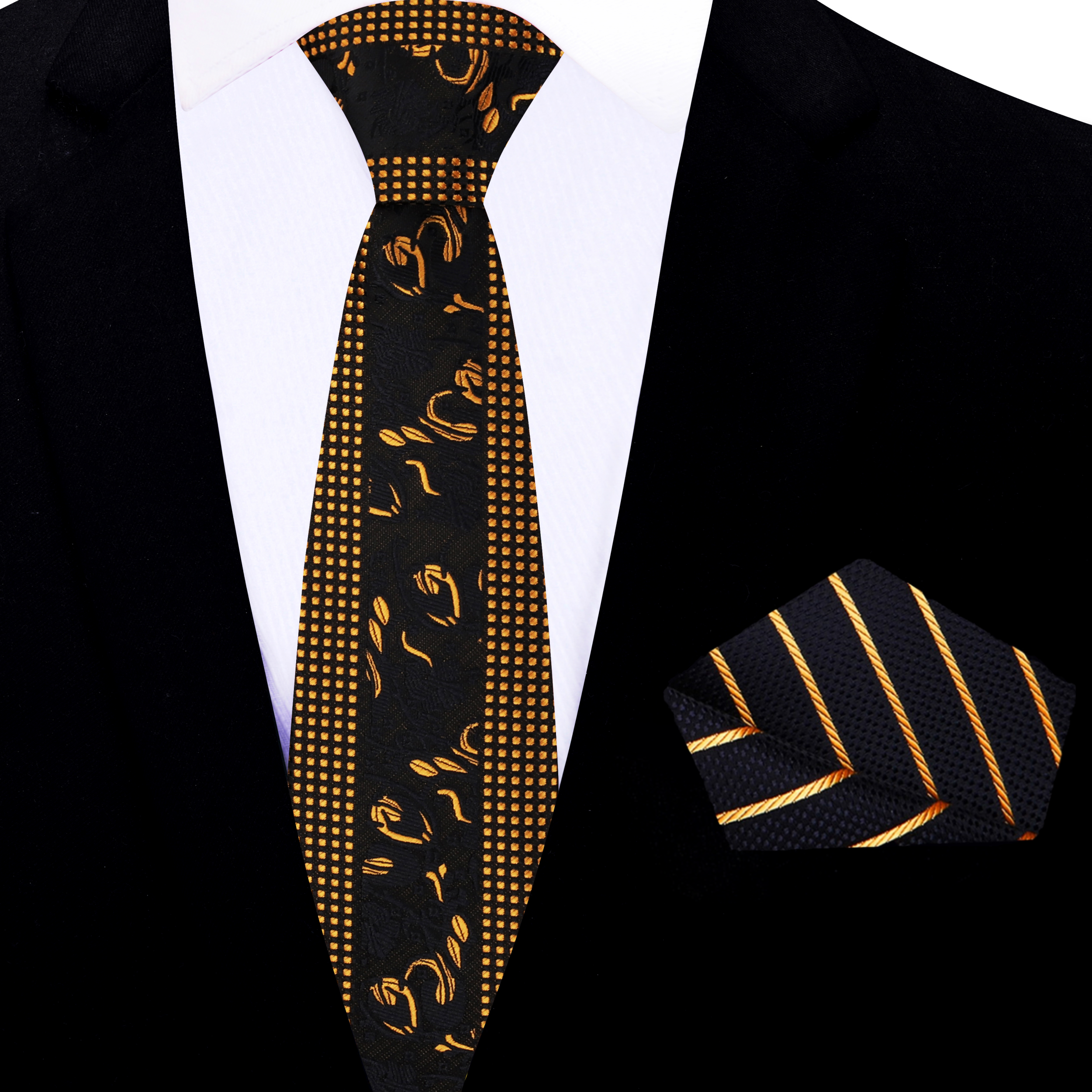 Black and gold floral patterned necktie with check border, ideal for weddings and business events.