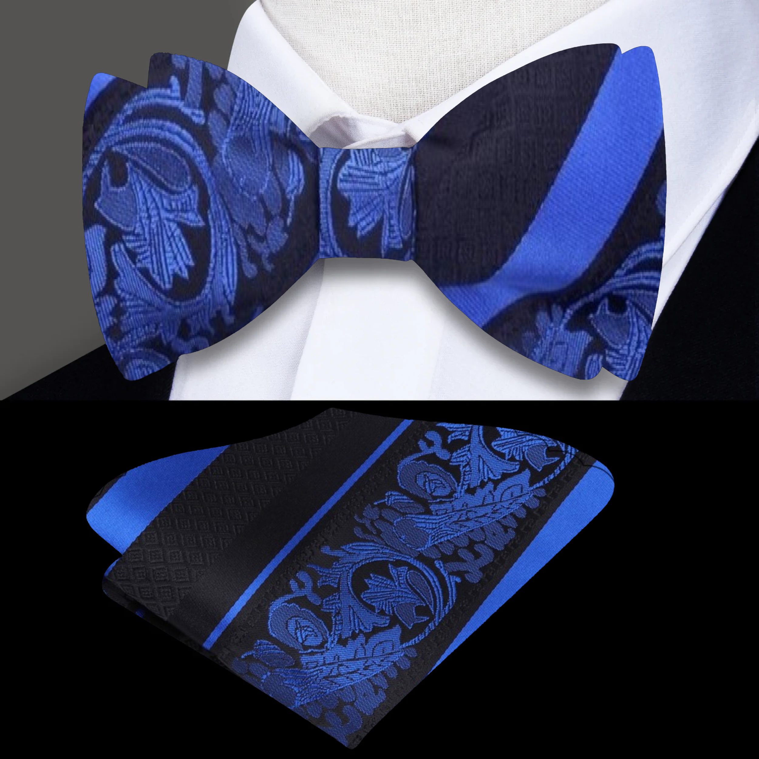 Man adjusting a silk floral bow tie with vibrant blue pattern