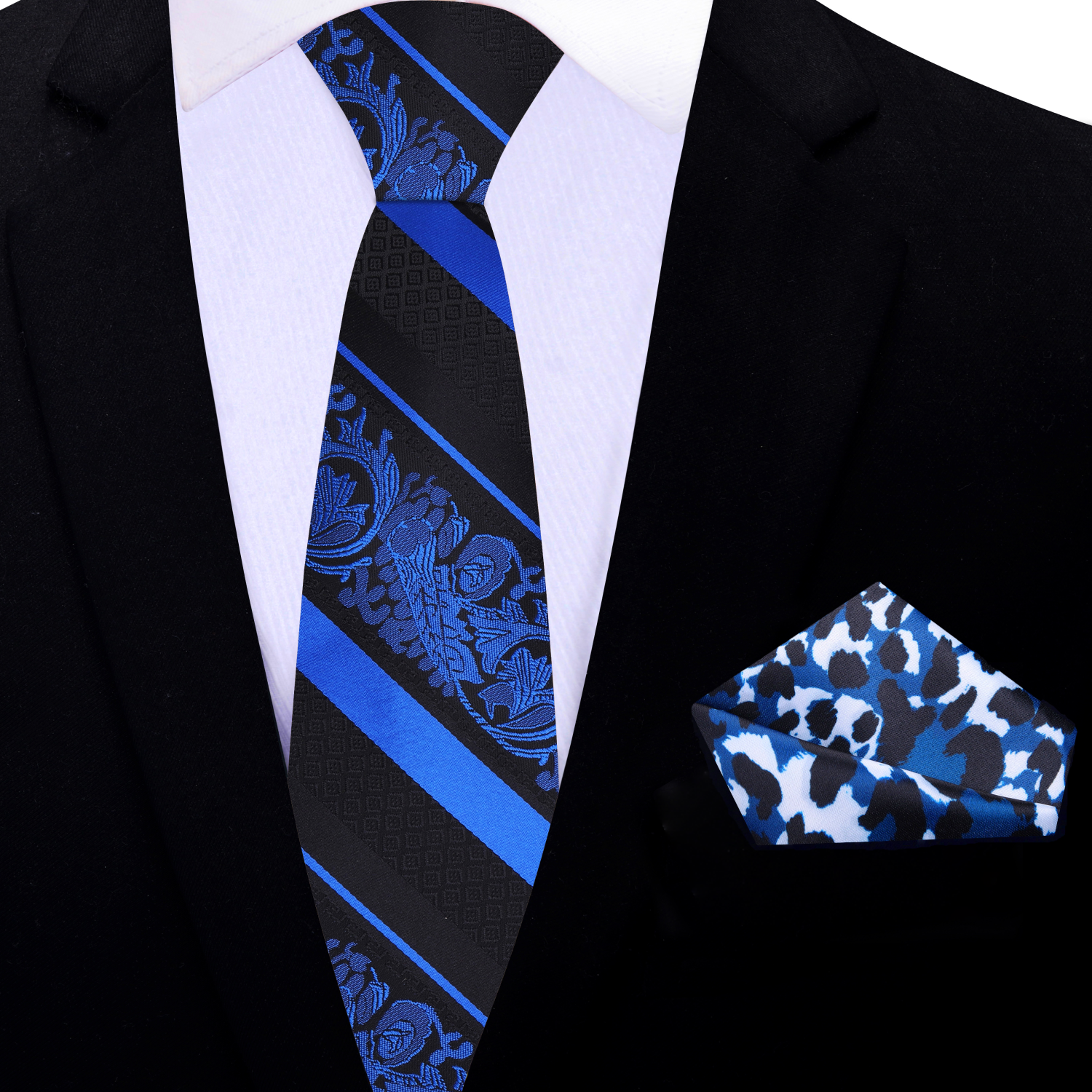 Front view of black and blue paisley silk tie with stripe pattern for formal events
