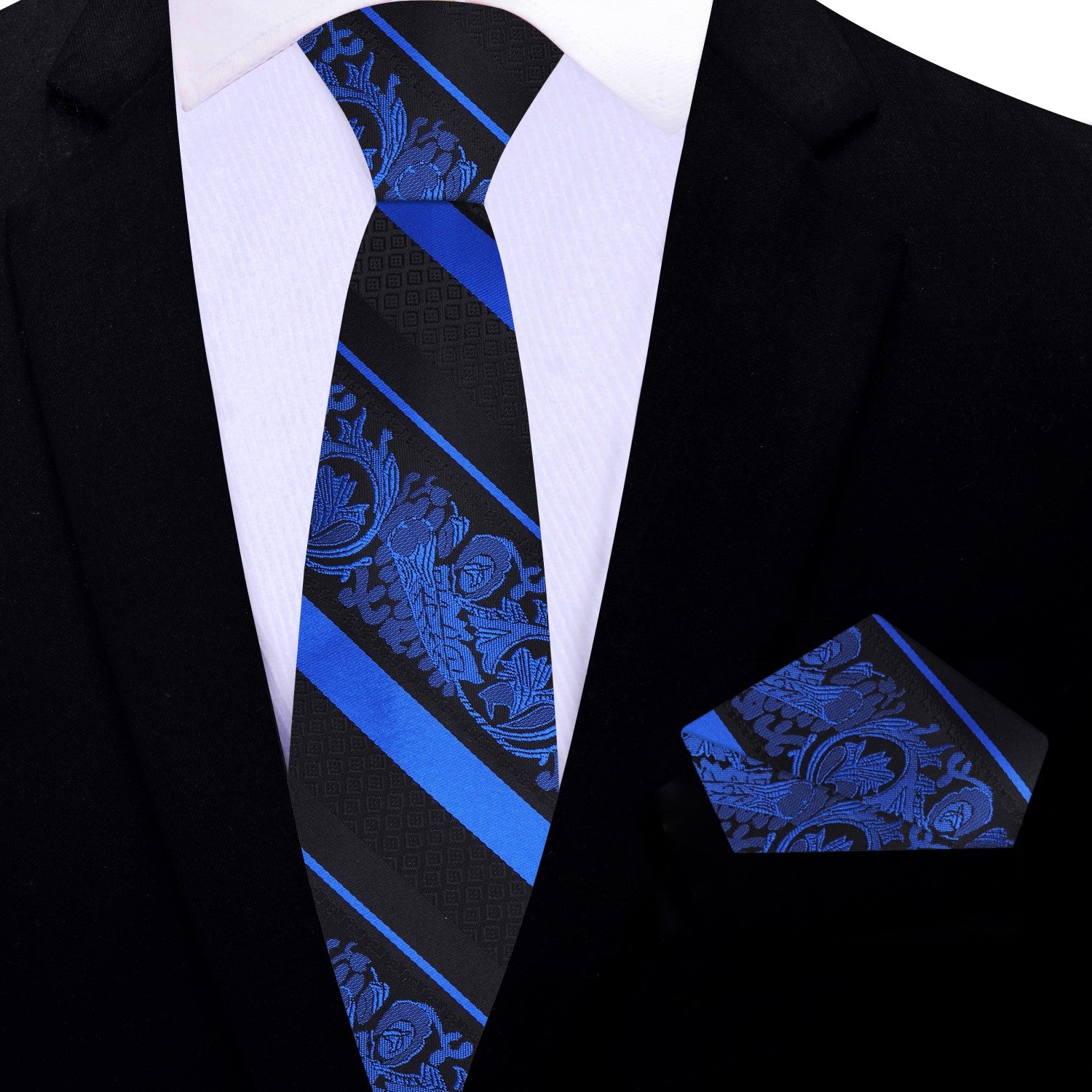 Front view of black and blue paisley silk tie with stripe pattern for formal events