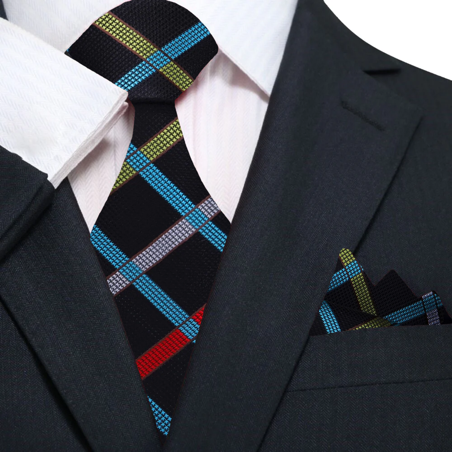 Silk plaid necktie with vibrant red, blue, yellow, and grey pattern on a white shirt