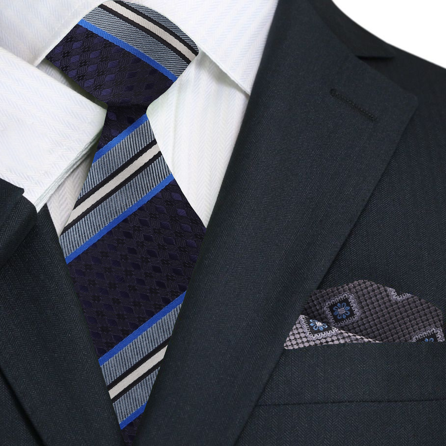 Close-up of the stylish stripe pattern on the silk necktie, ideal for office wear.