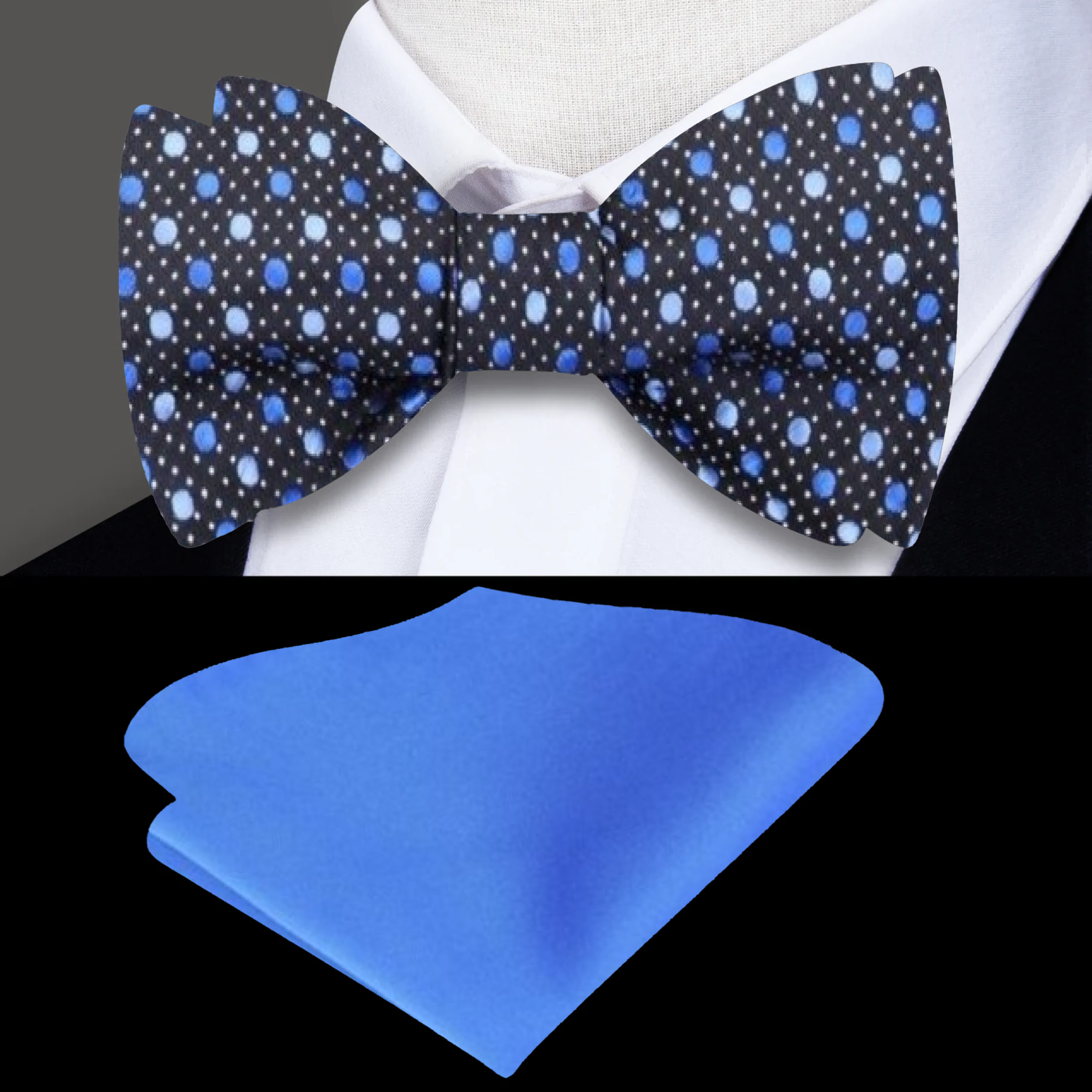 Close-up of silk bow tie with blue polka dots, styled for gala evening wear