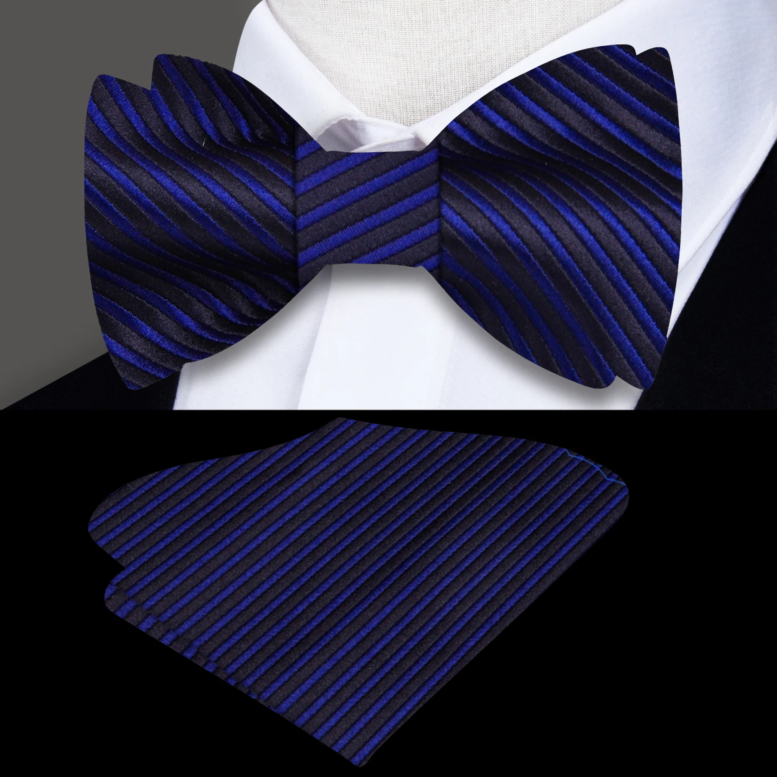 Elegant self-tie bow tie for formal events, showcasing a sleek pinstripe pattern