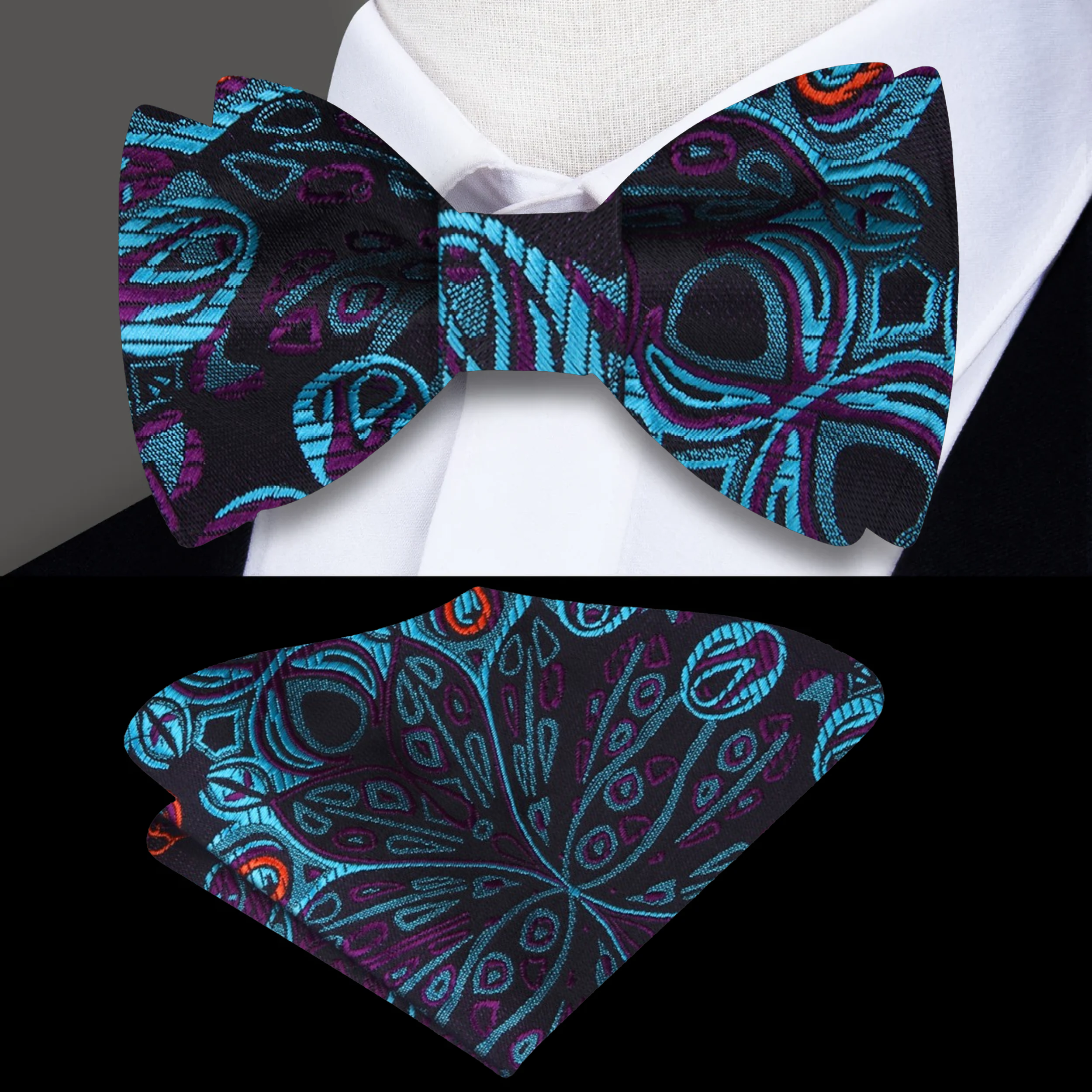 Vibrant peacock pattern self-tie bow tie displayed on a white shirt.