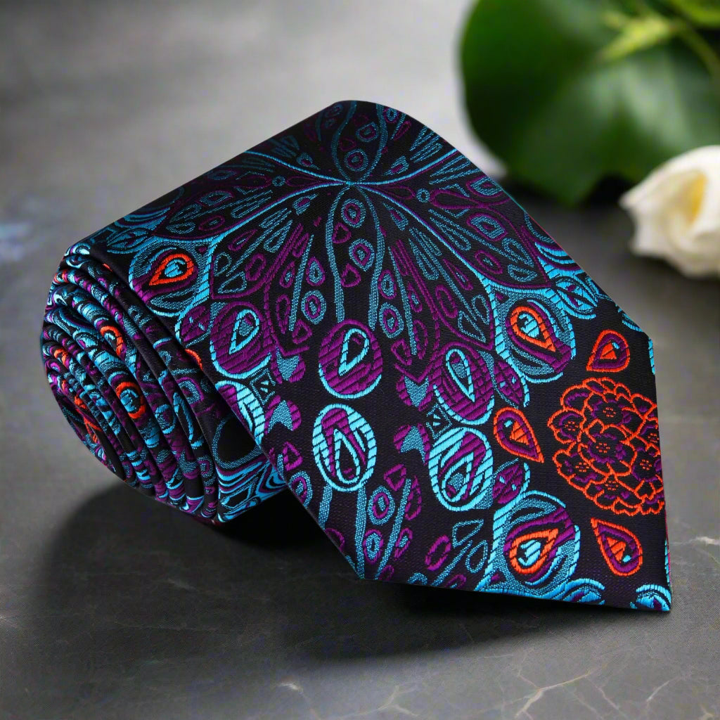 Close-up view of peacock feather silk tie showcasing intricate design and texture.