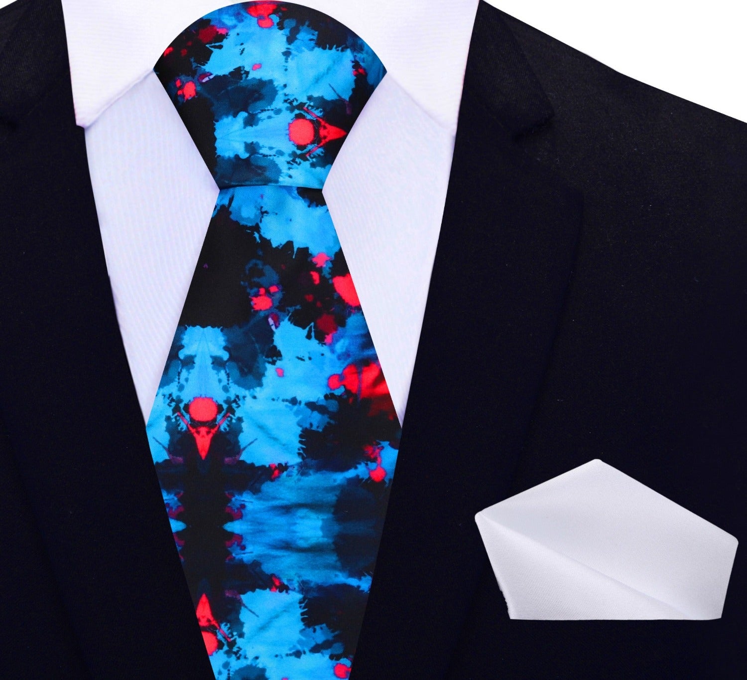 Elegant silk necktie with ink blot pattern in blue, black, and red, ideal for weddings and formal events