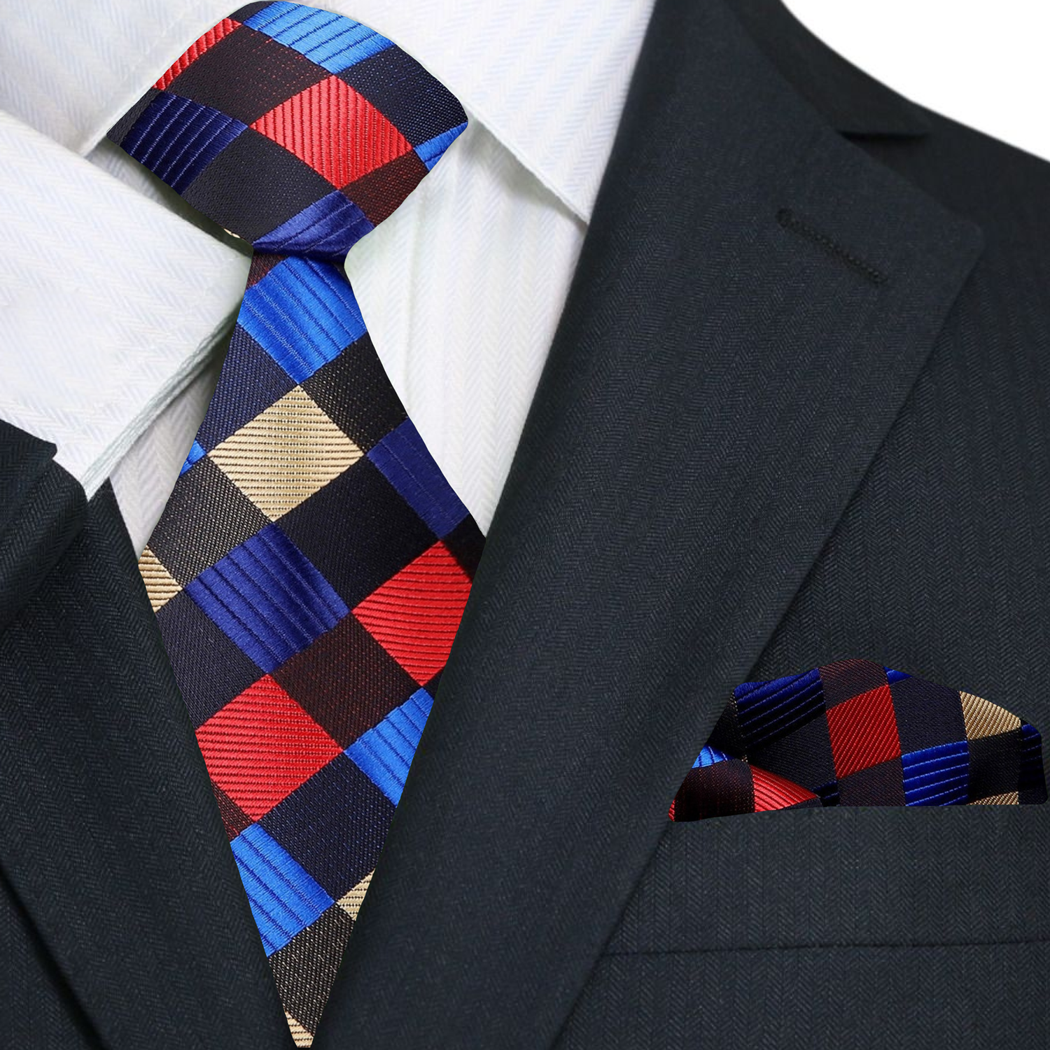 Man in a suit wearing a luxury geometric necktie for a wedding or formal event