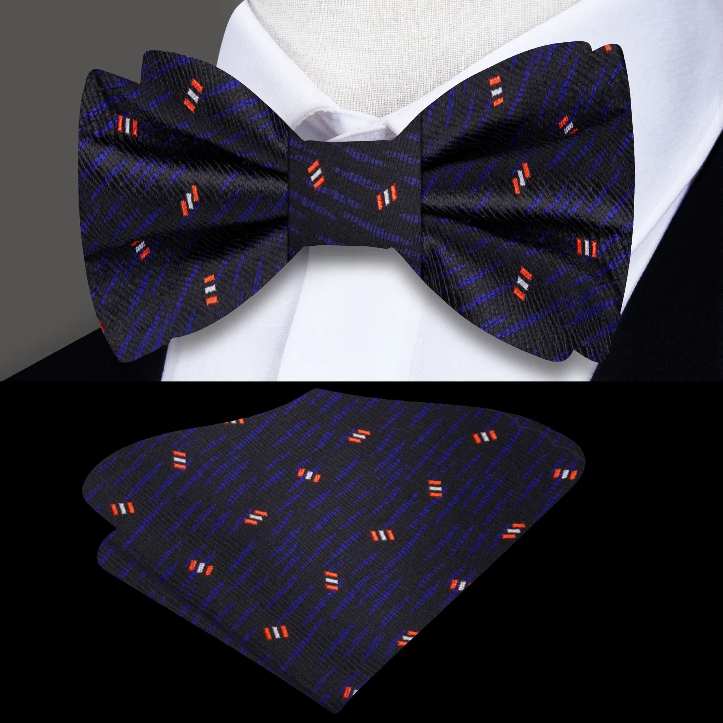 Close-up of the Cosmic Elegance Bow Tie, highlighting its intricate silk texture and unique satellite design.