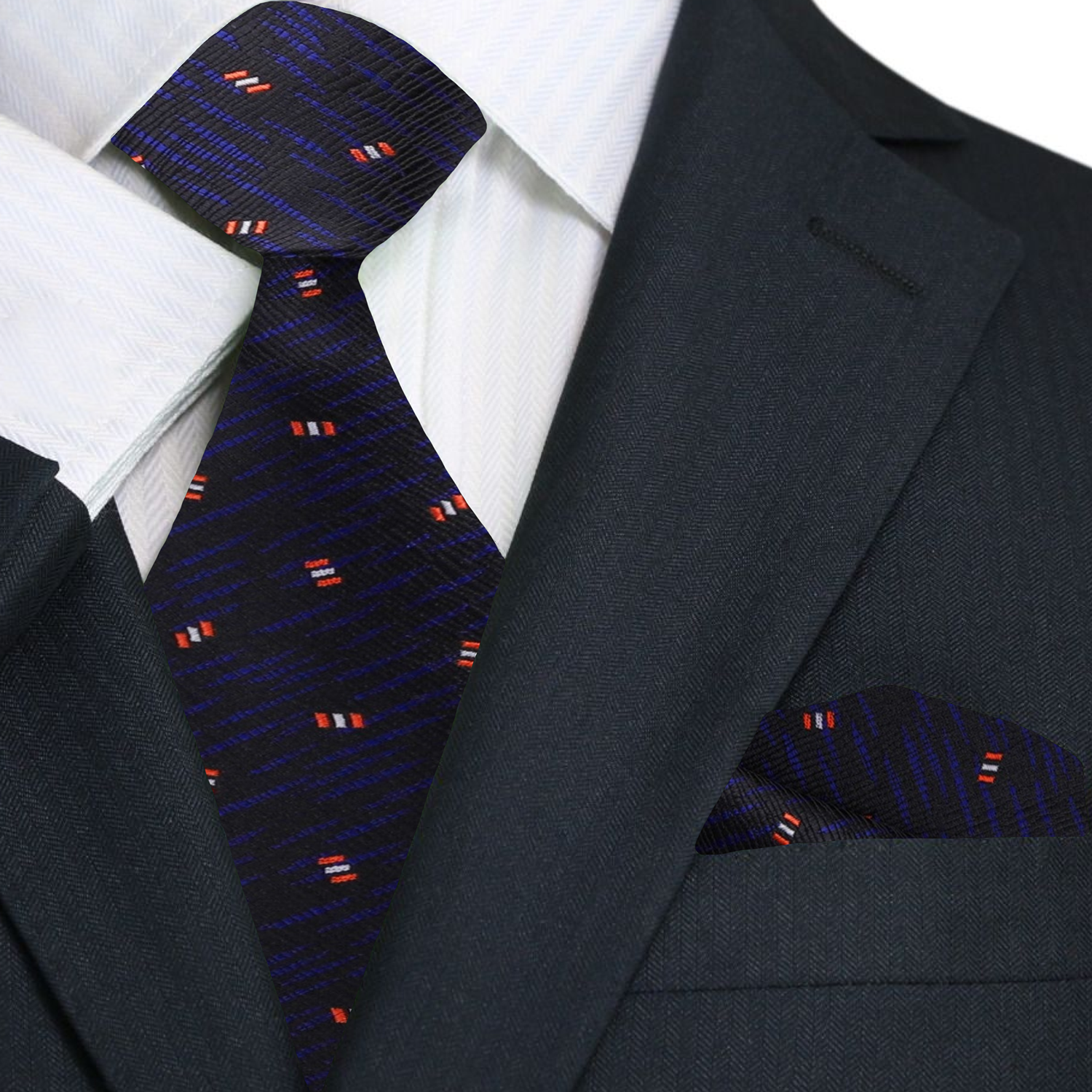 Close-up of the dark indigo and red abstract pattern on silk necktie