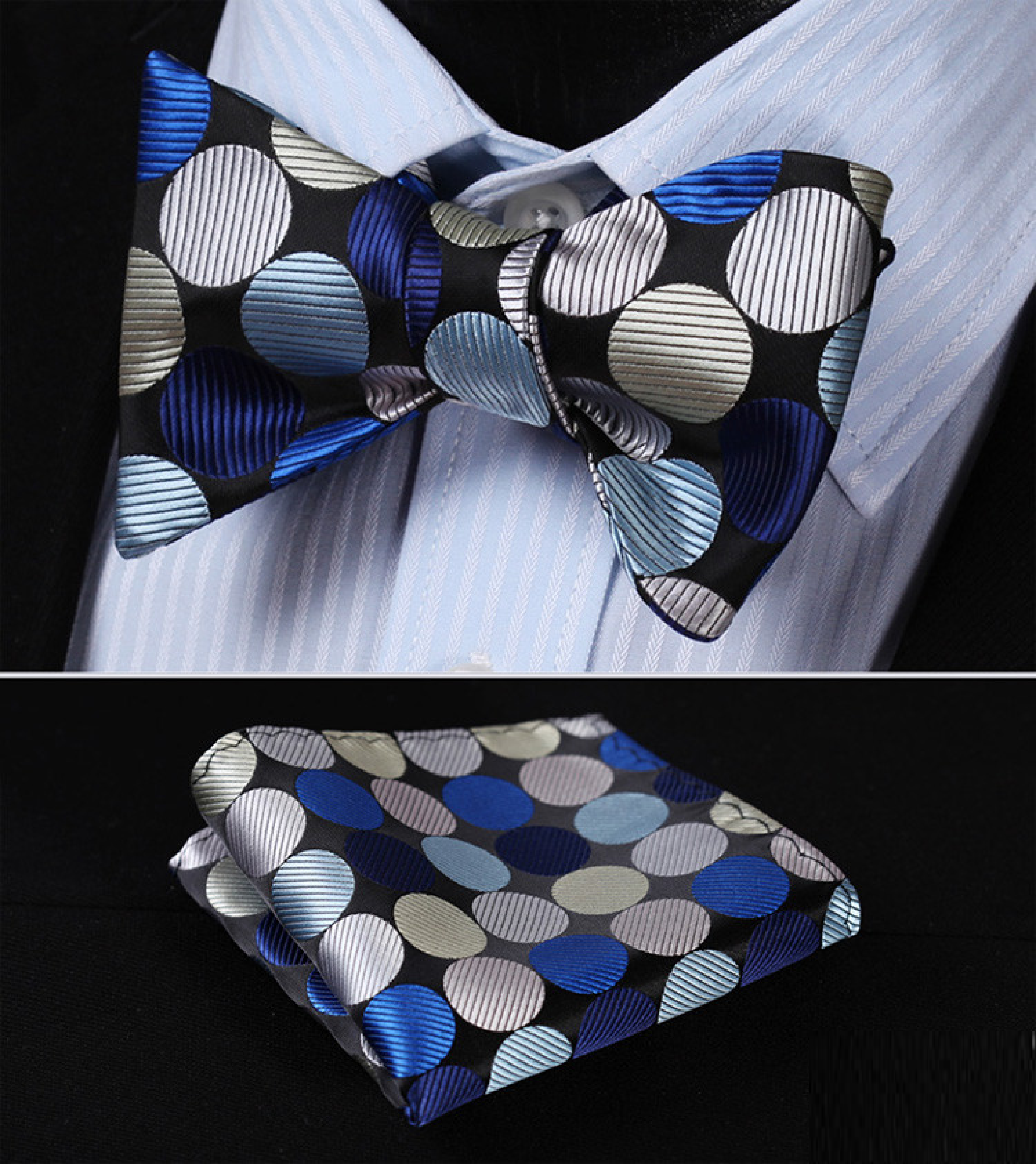 Elegant light blue polka dot bow tie styled with a crisp white dress shirt at a summer event.