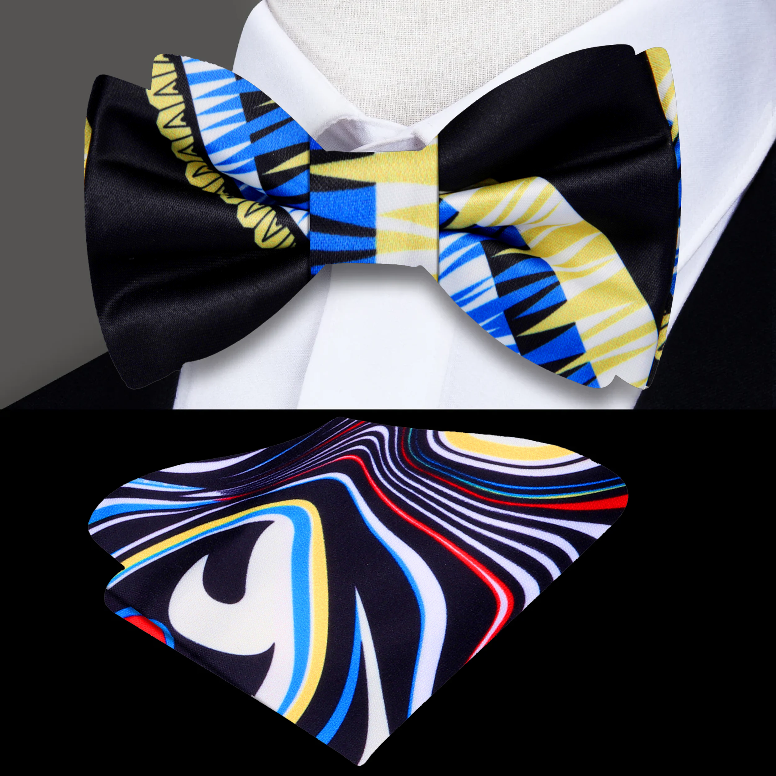 Close-up of abstract pattern silk bow tie for men in black, blue, and yellow