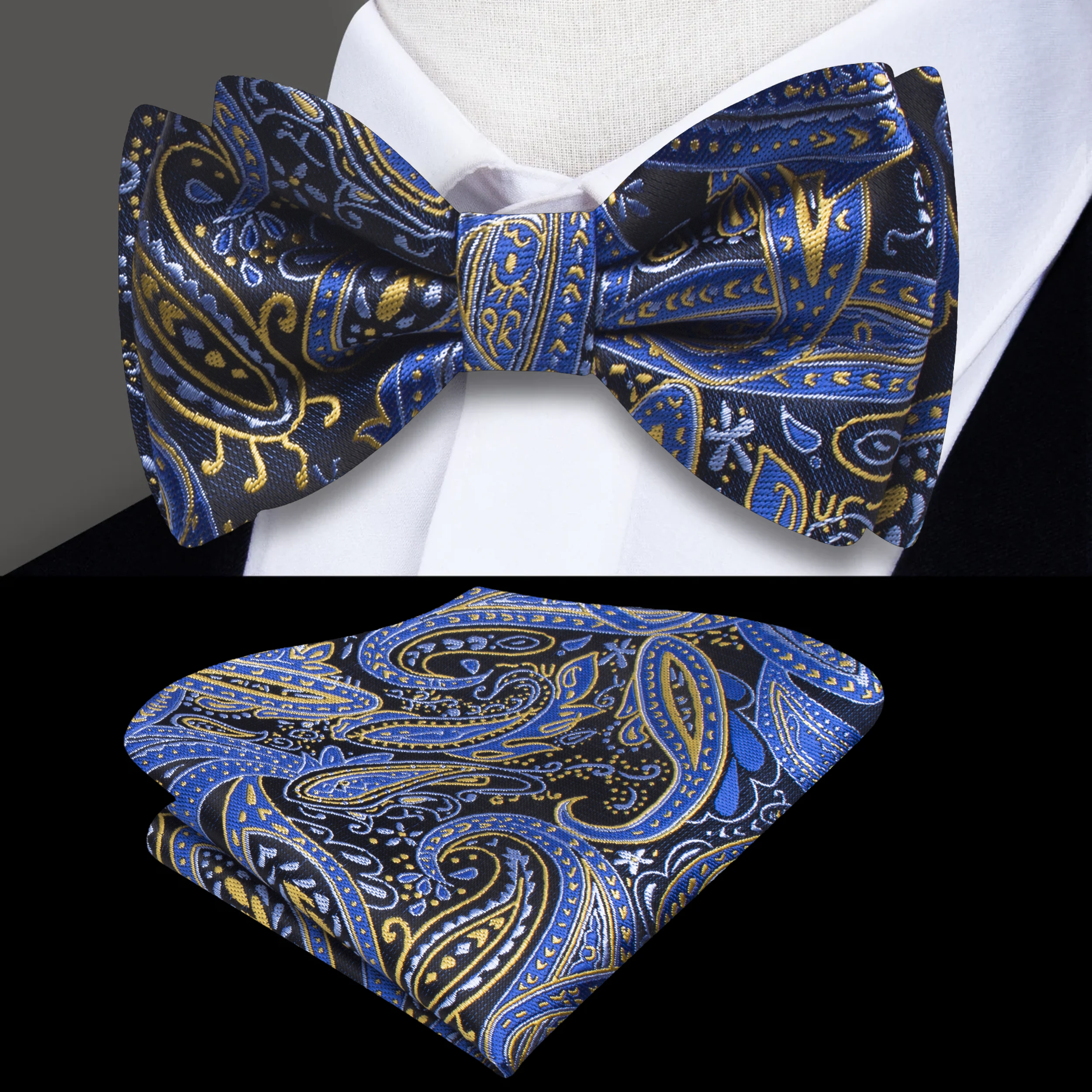 Close-up of a premium paisley bow tie in silk with intricate pattern for formal wear