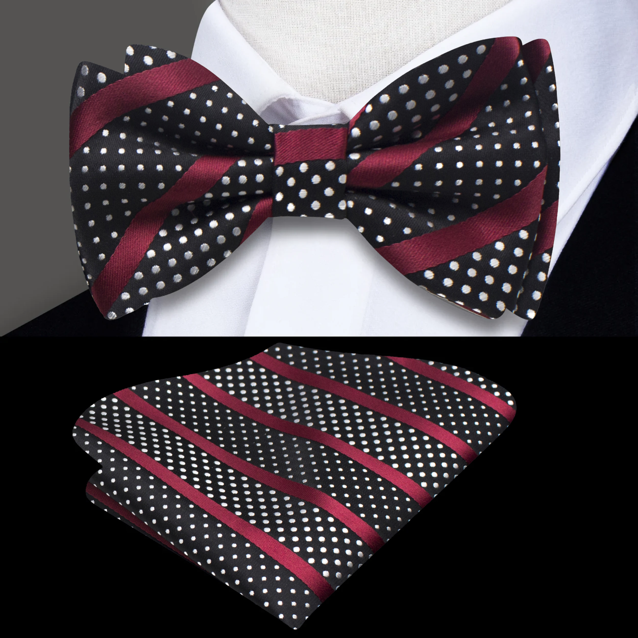 Chic striped polka dot bow tie in vibrant colors, styled with a white dress shirt.