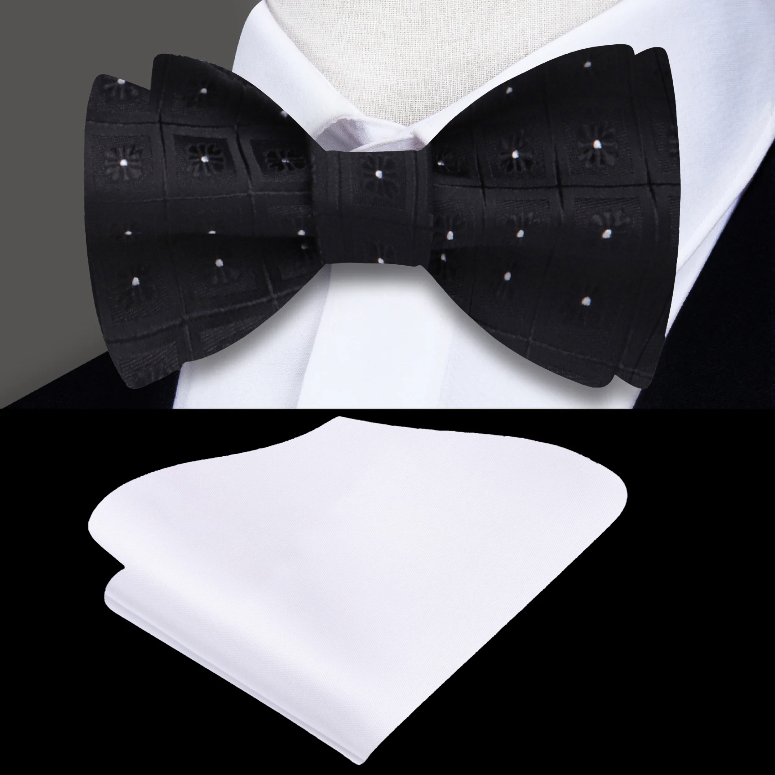 Close-up of a geometric silk bow tie on a white shirt for formal events