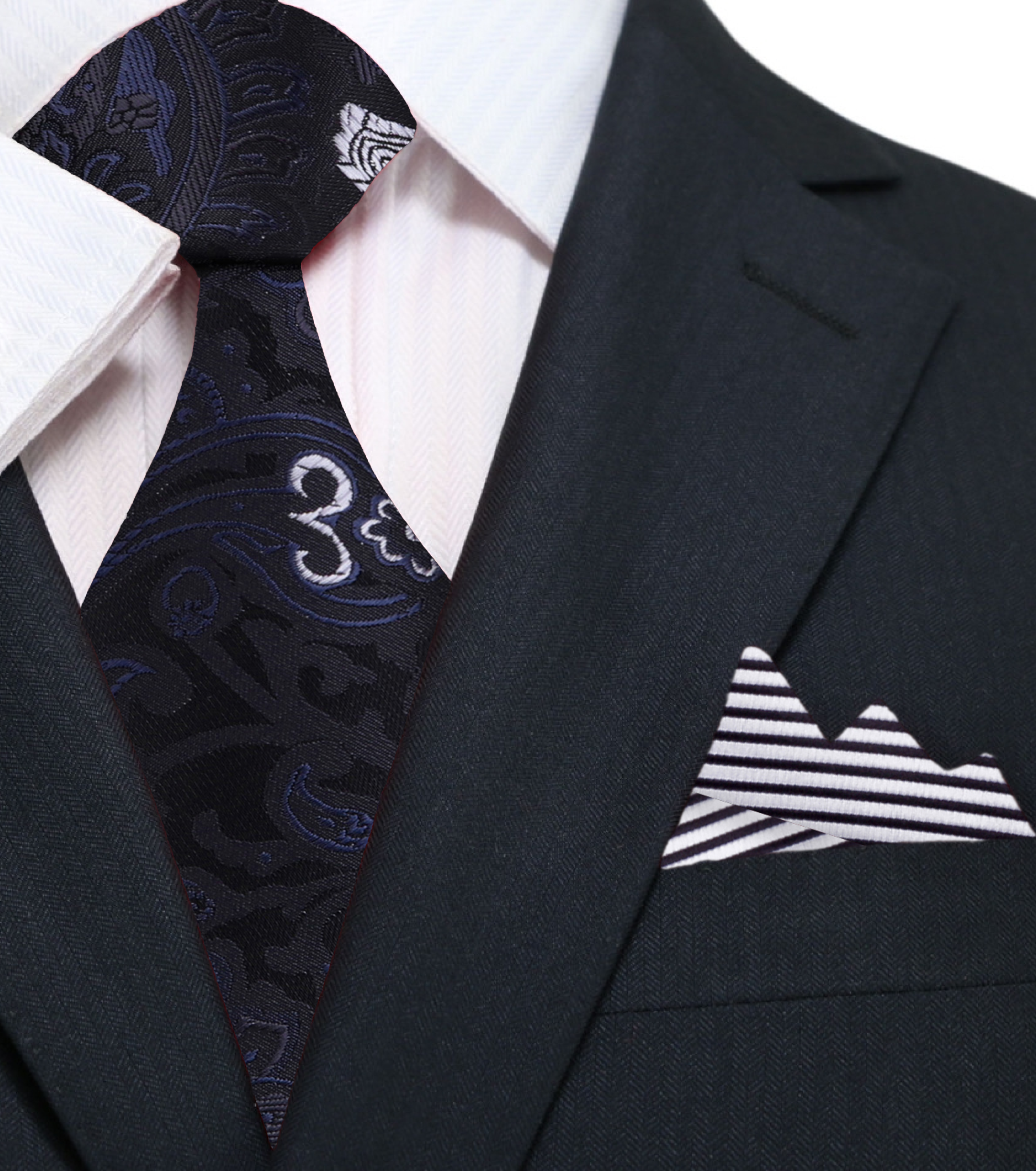 Angle showing tie knotted with silver and black floral detailing at evening event