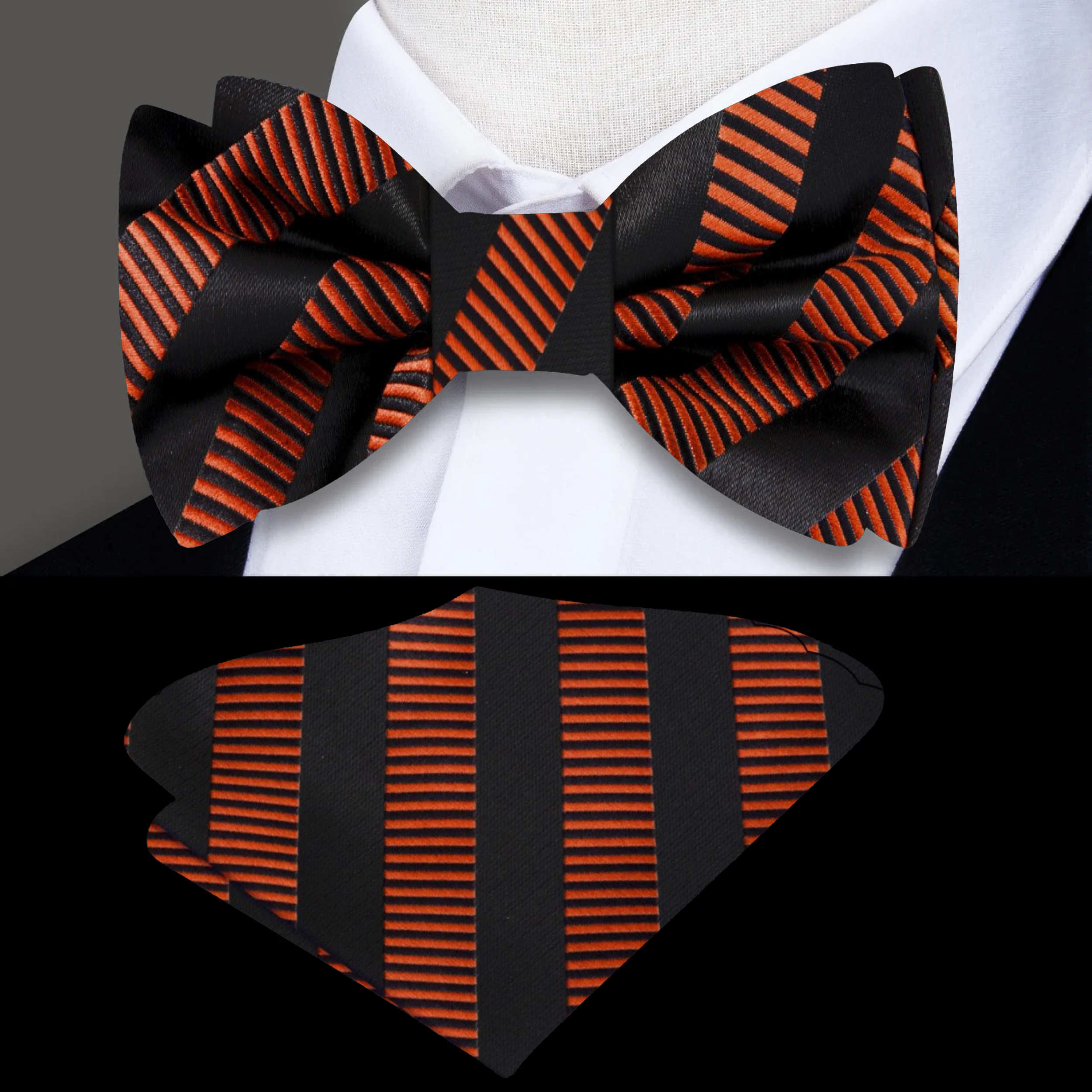 Elegant black and copper striped silk bow tie worn with a suit
