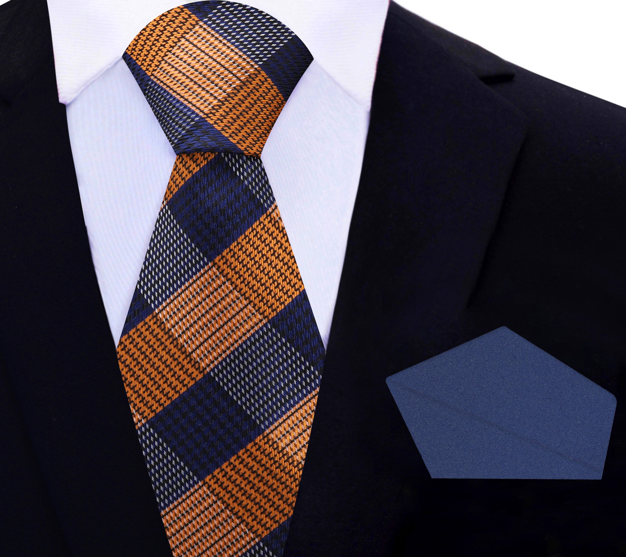 Close-up of a vibrant orange and dark blue plaid necktie for formal events
