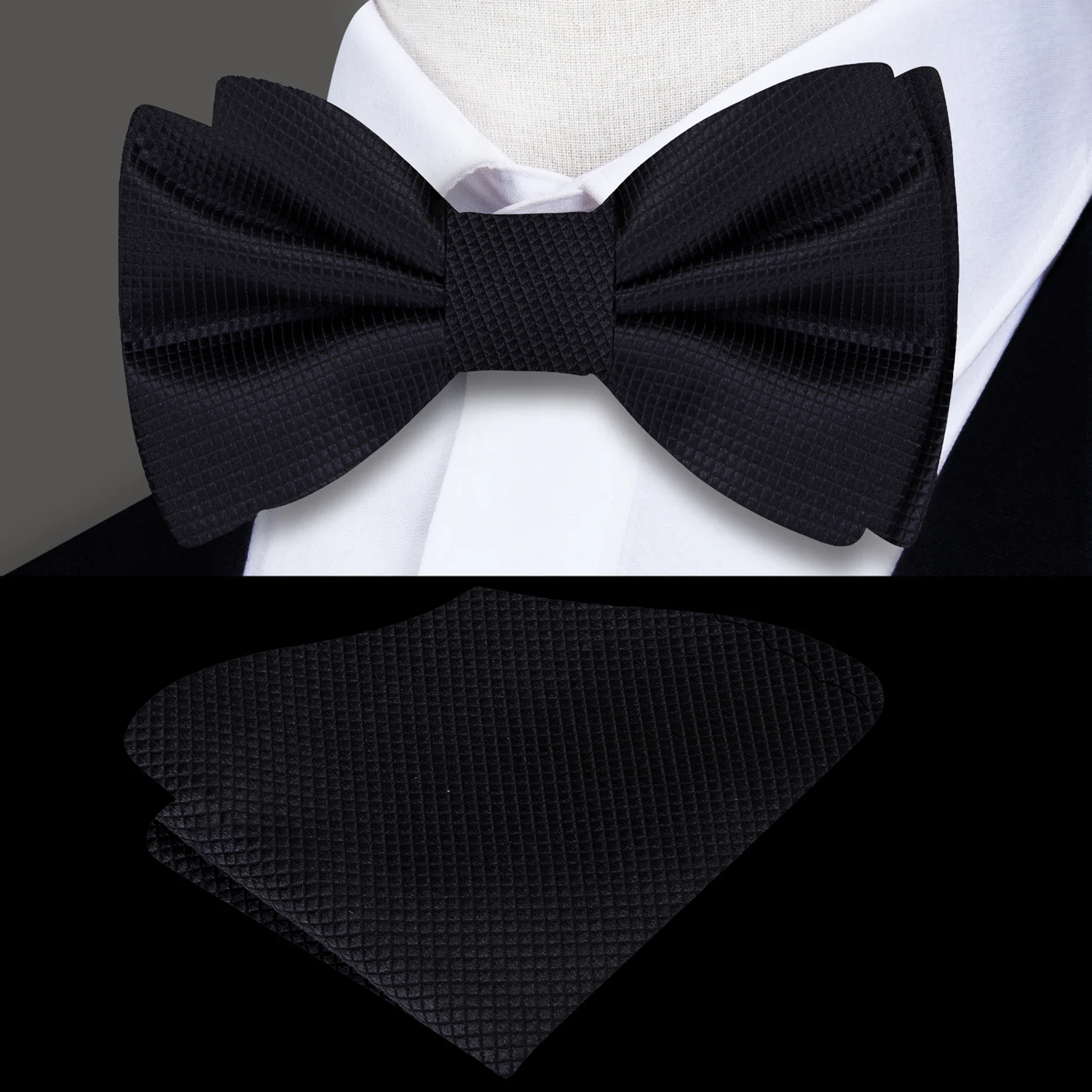 Close-up of the Classic Solid Black Bow Tie highlighting the silk texture.