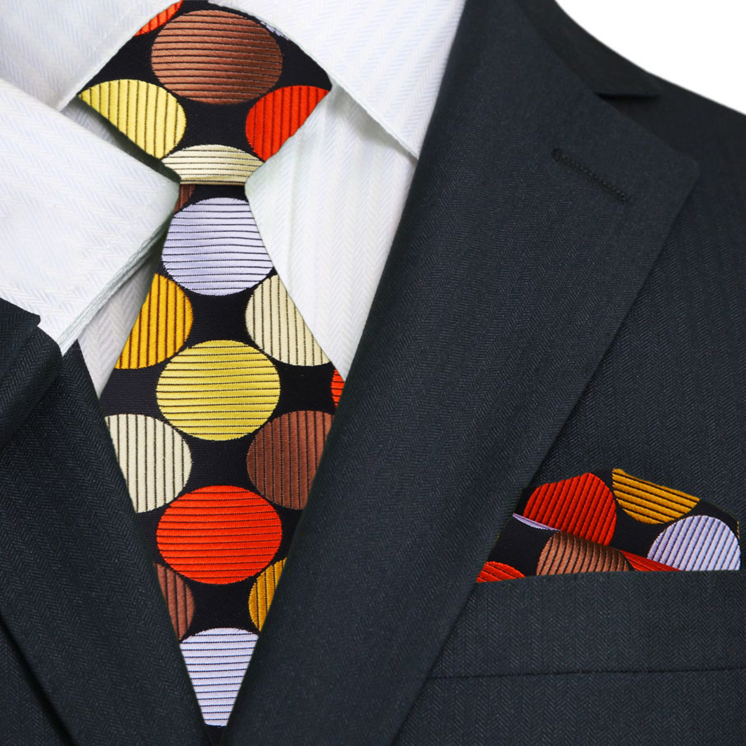 Large polka dot silk necktie in vibrant colors, showcasing the bold pattern against a white shirt.