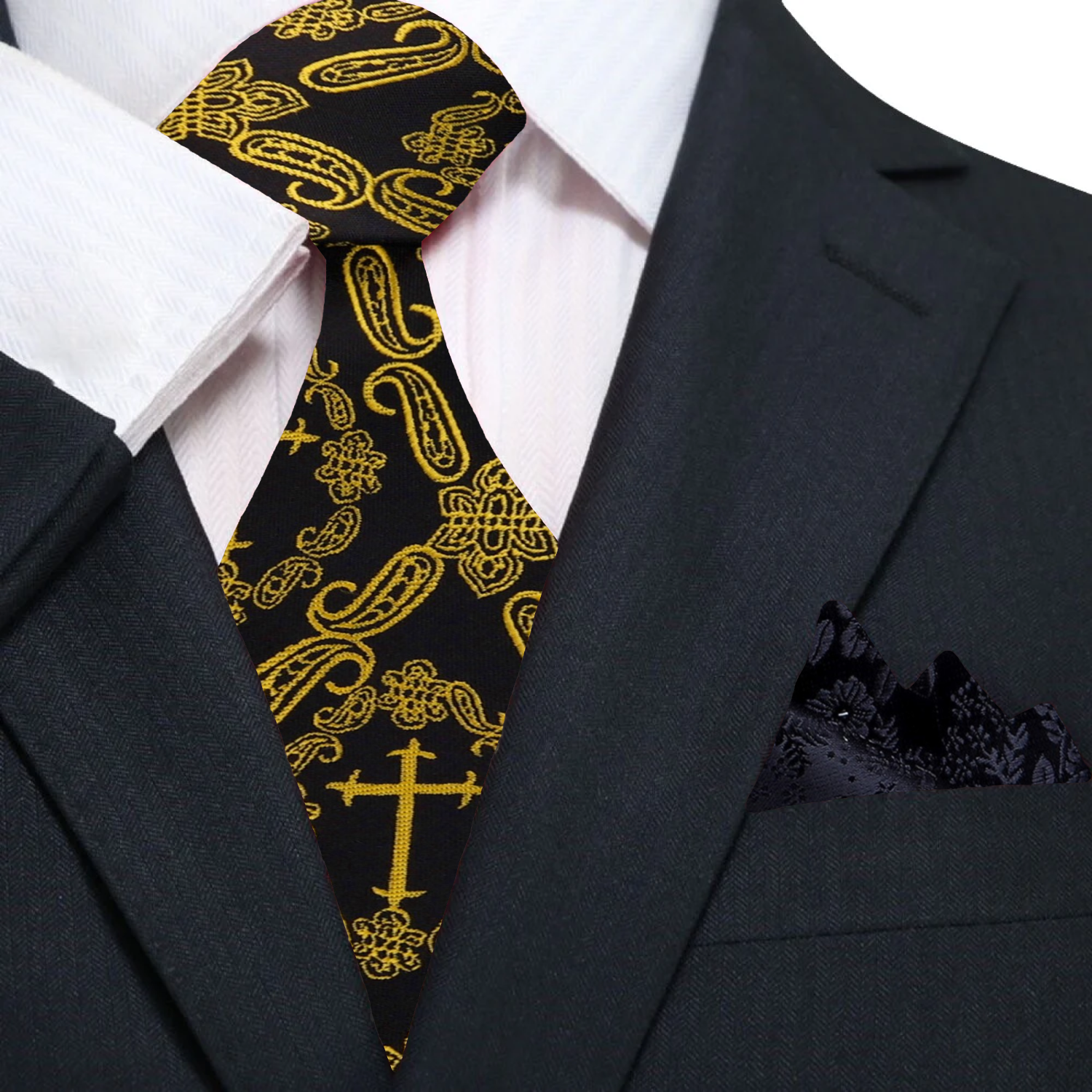 Close-up of silk paisley tie with black and gold design for formal wear