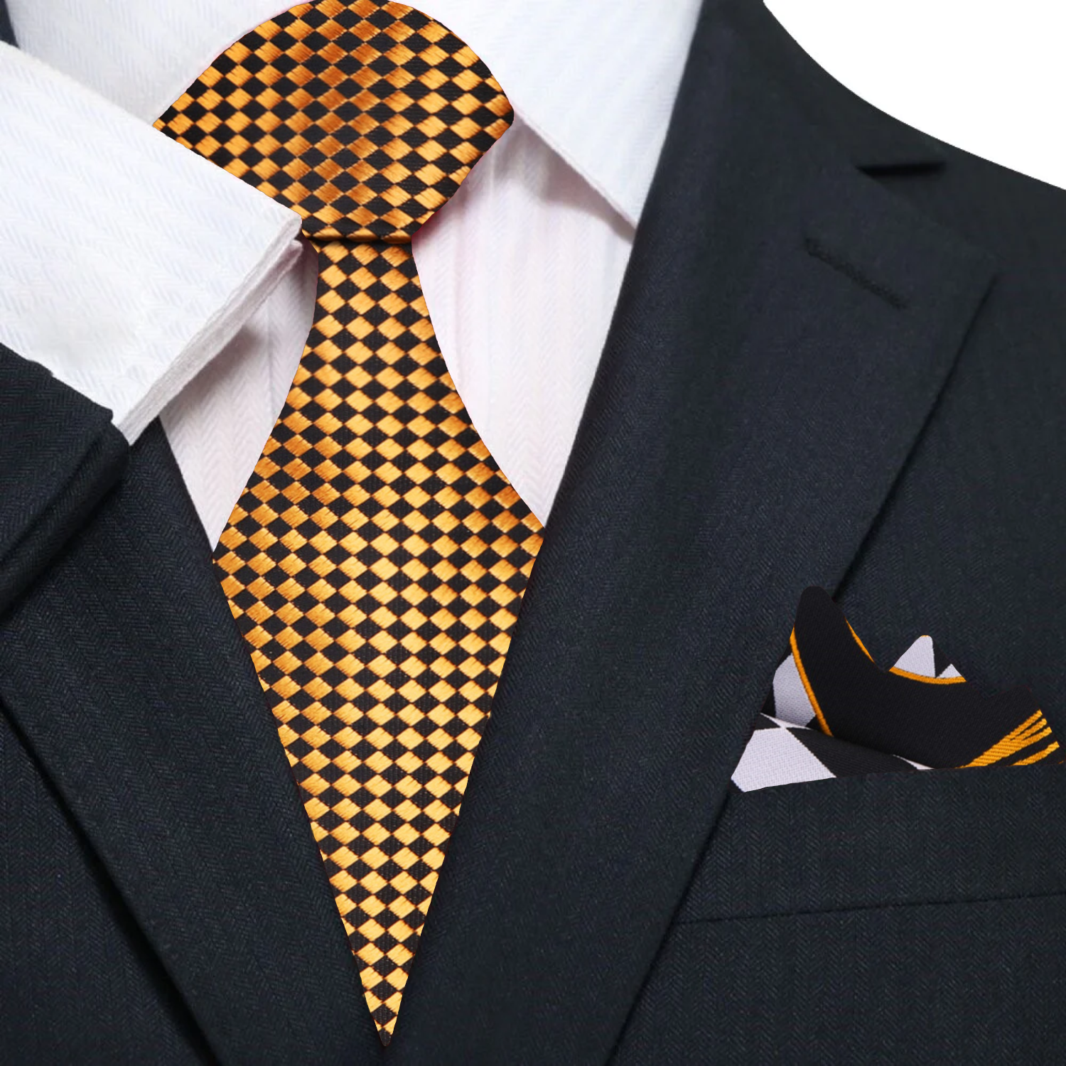 Model wearing the Noble Gold and Black Geometric Necktie with a white dress shirt at a formal event.
