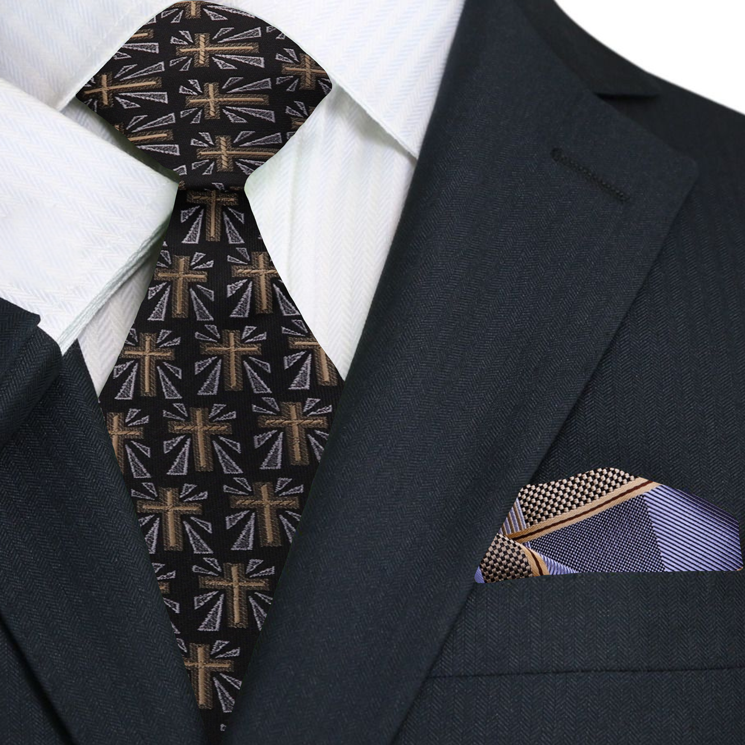 Close-up of the black necktie featuring brown and grey crucifix motifs, ideal for formal occasions