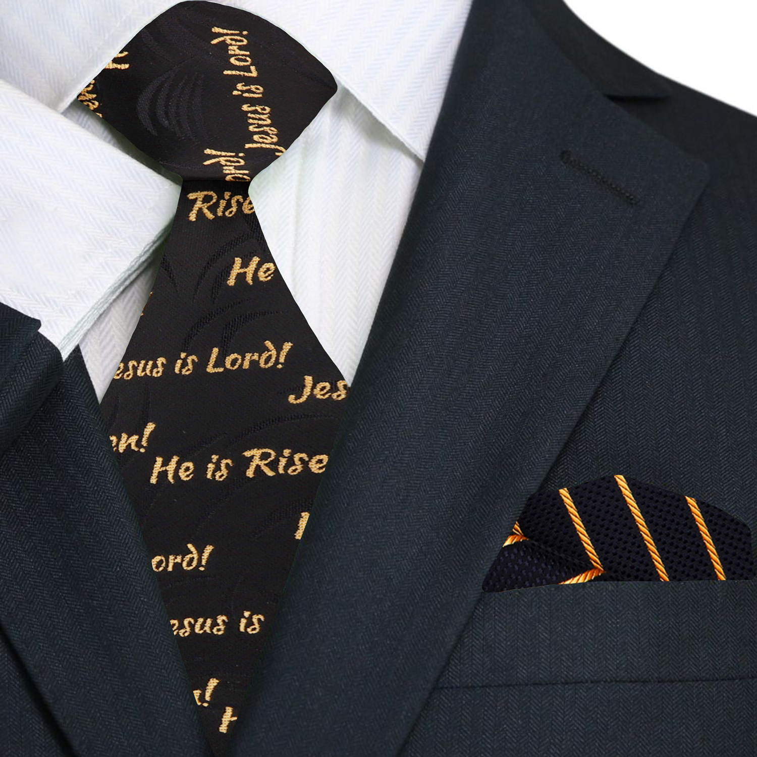Close-up of black and gold religious necktie with 'He is Risen' embroidery