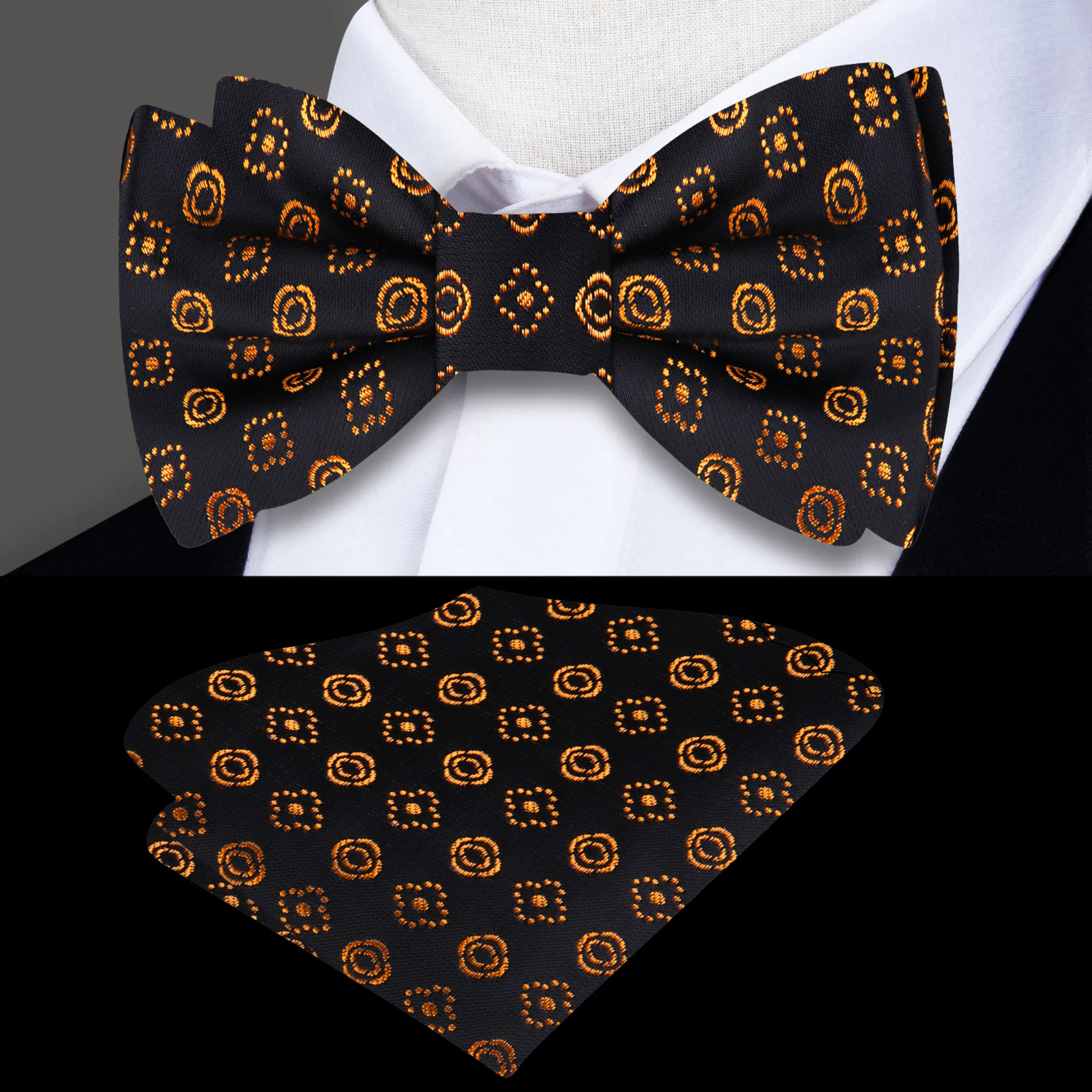 Mens pre-tied bow tie with stunning gold details, perfect for upscale events.