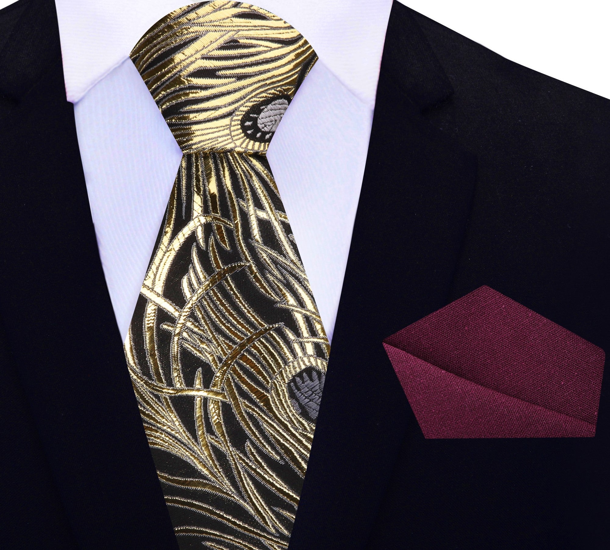 Close-up of black silk necktie with gold abstract feather pattern, perfect for formal ties collection