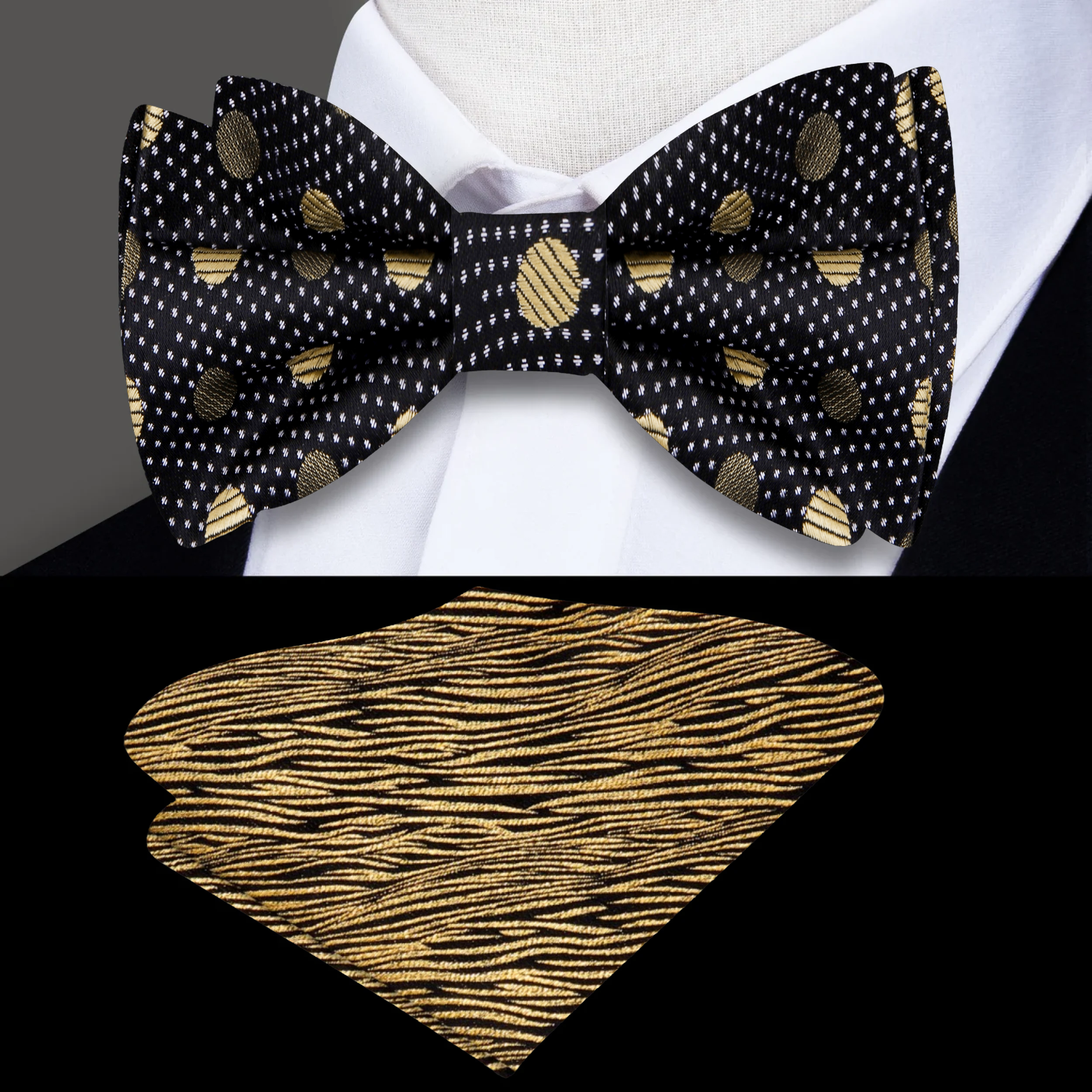 Elegant gold polka dot bow tie displayed on a formal shirt, showcasing its luxurious silk texture.