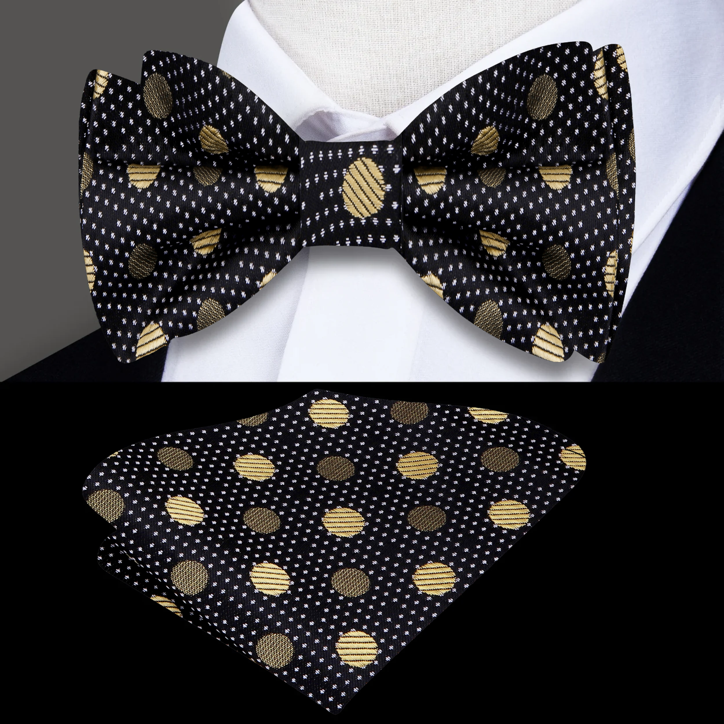 Front view of the charming polka dot bow tie for kids, showcasing the black and gold design.