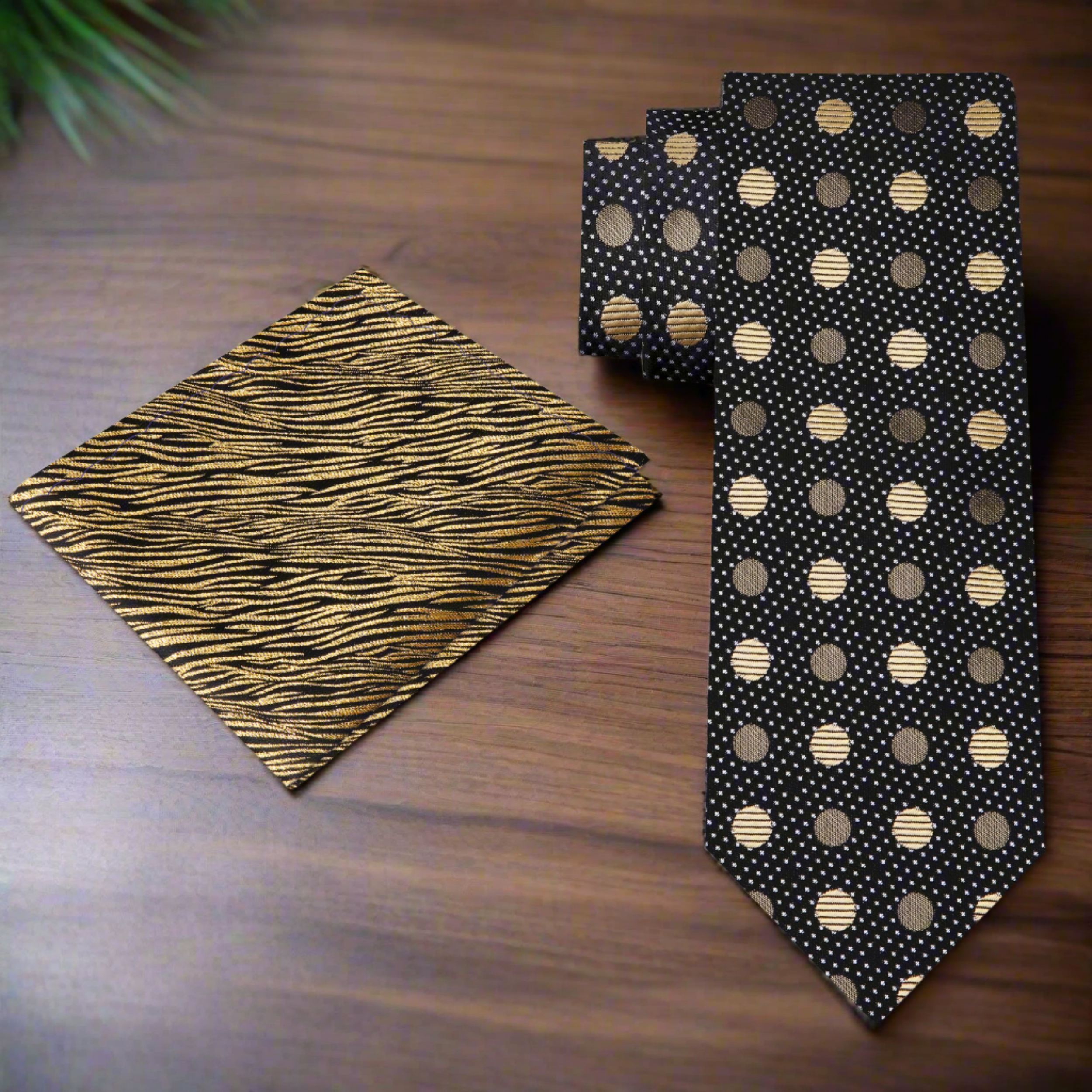 Elegant black polka dot necktie displayed on a suit, showcasing its luxurious silk texture.