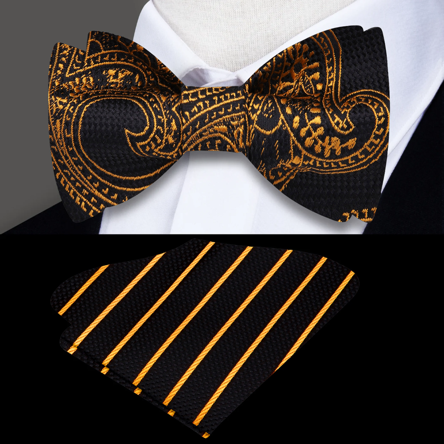 Close-up of the luxurious black and antique gold paisley bow tie, showcasing its intricate design and silk texture.