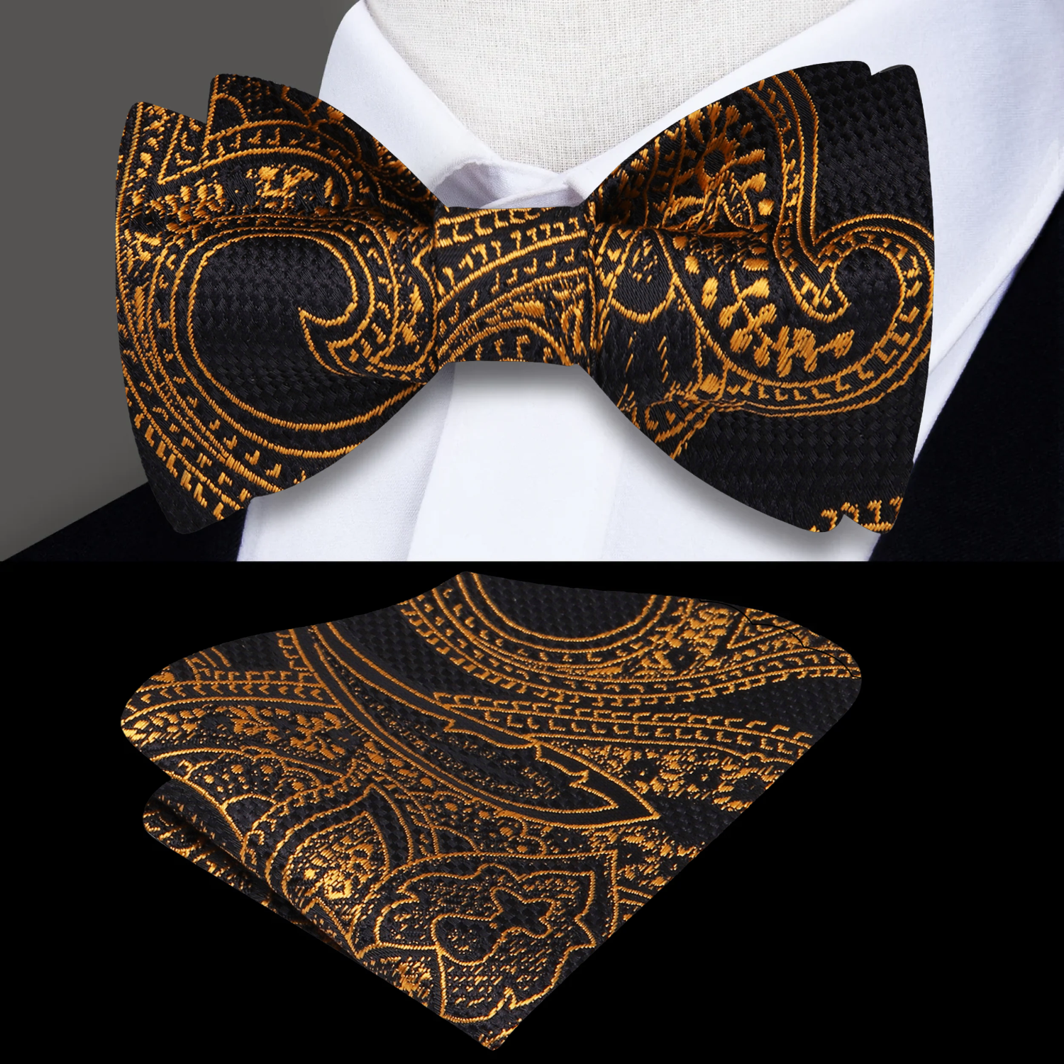 Styled image of the paisley bow tie paired with a crisp white dress shirt, highlighting its elegant contrast.