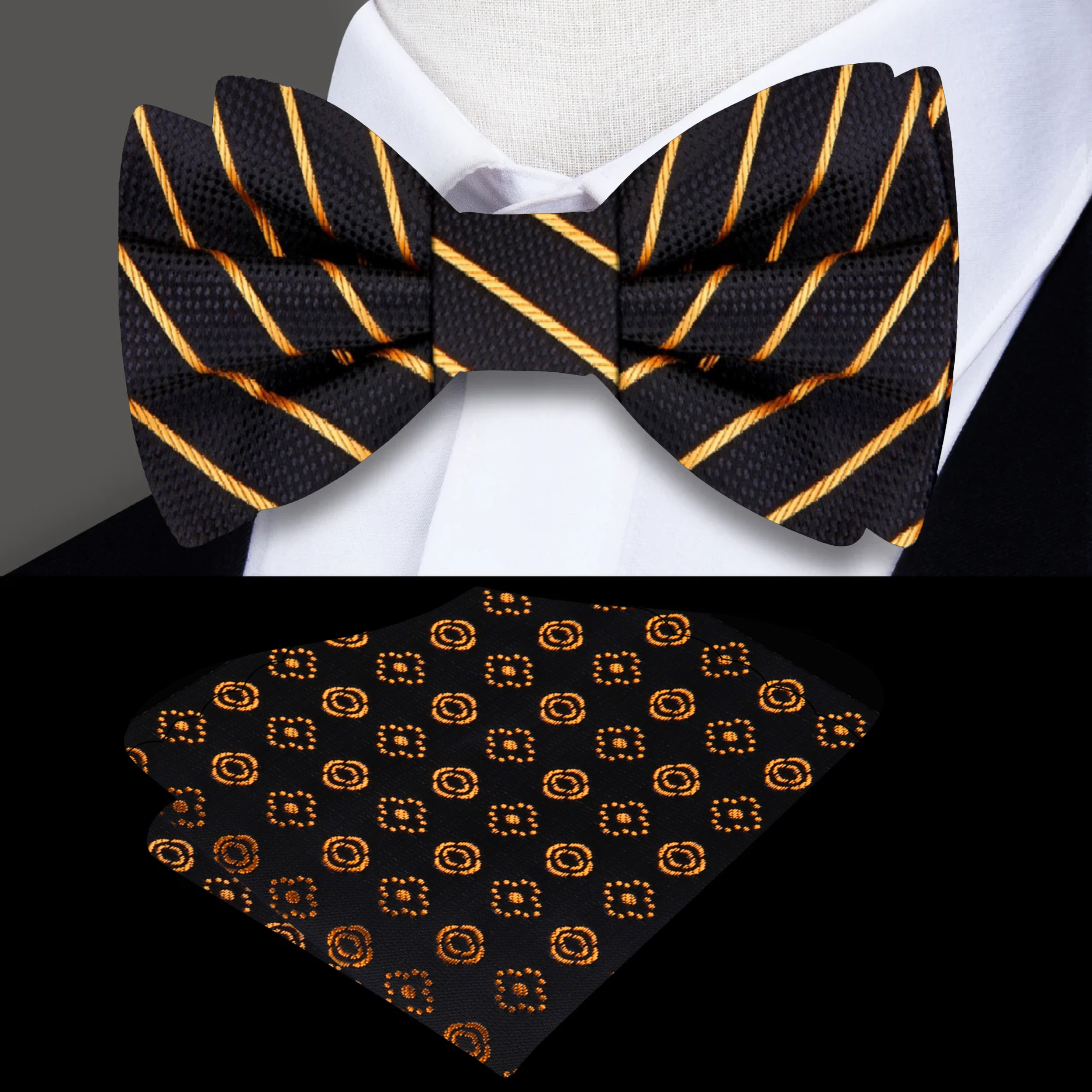 Model wearing a black and gold pinstripe bow tie at a wedding