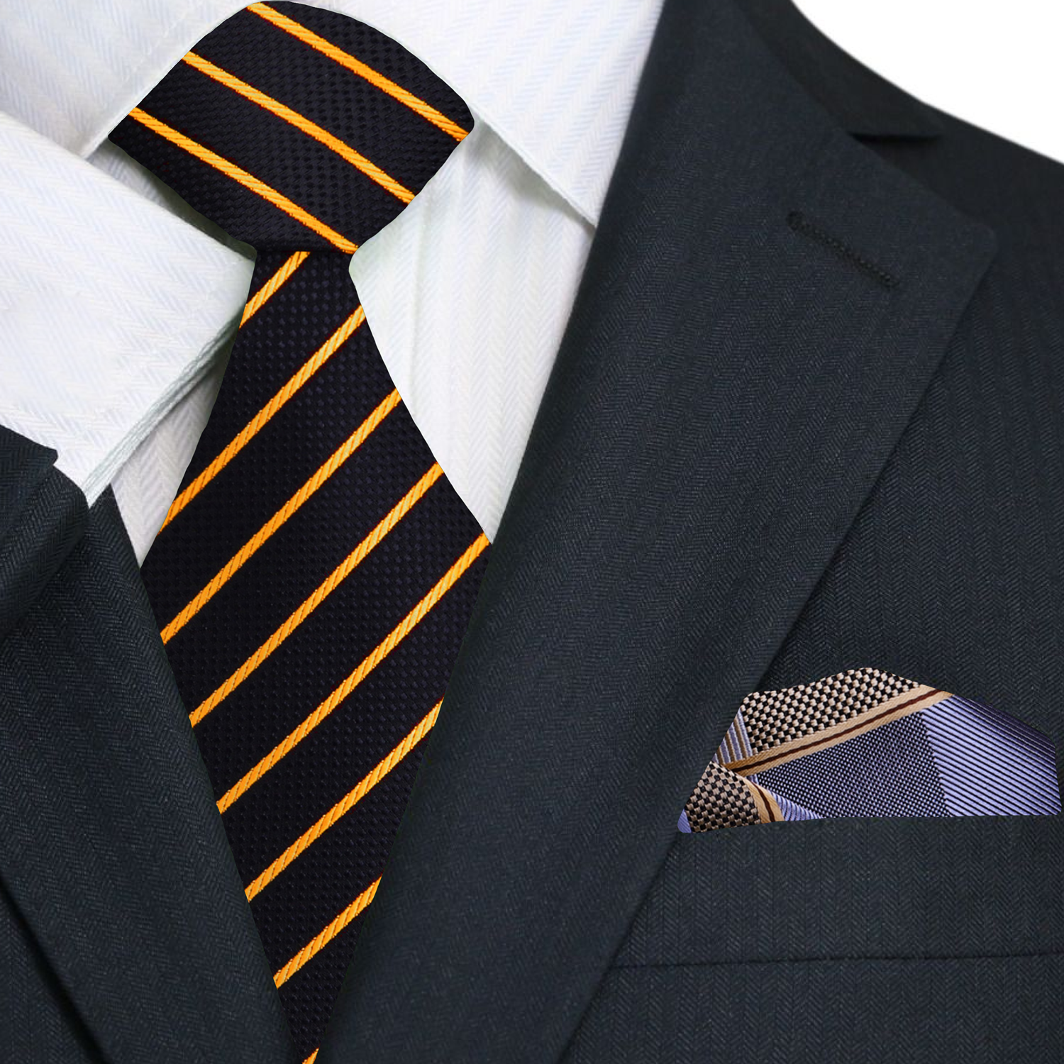 Elegant black and gold pinstripe necktie laid flat for display
