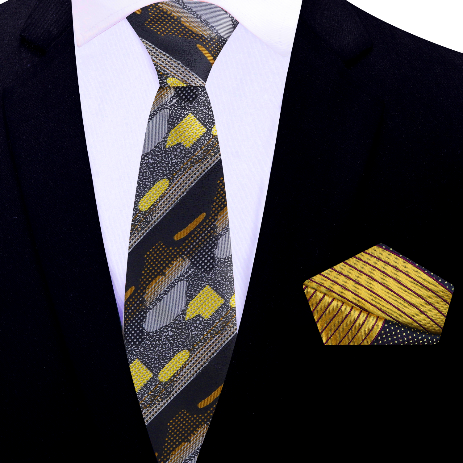 Necktie paired with a crisp white dress shirt and charcoal suit, demonstrating its versatility for business presentations.