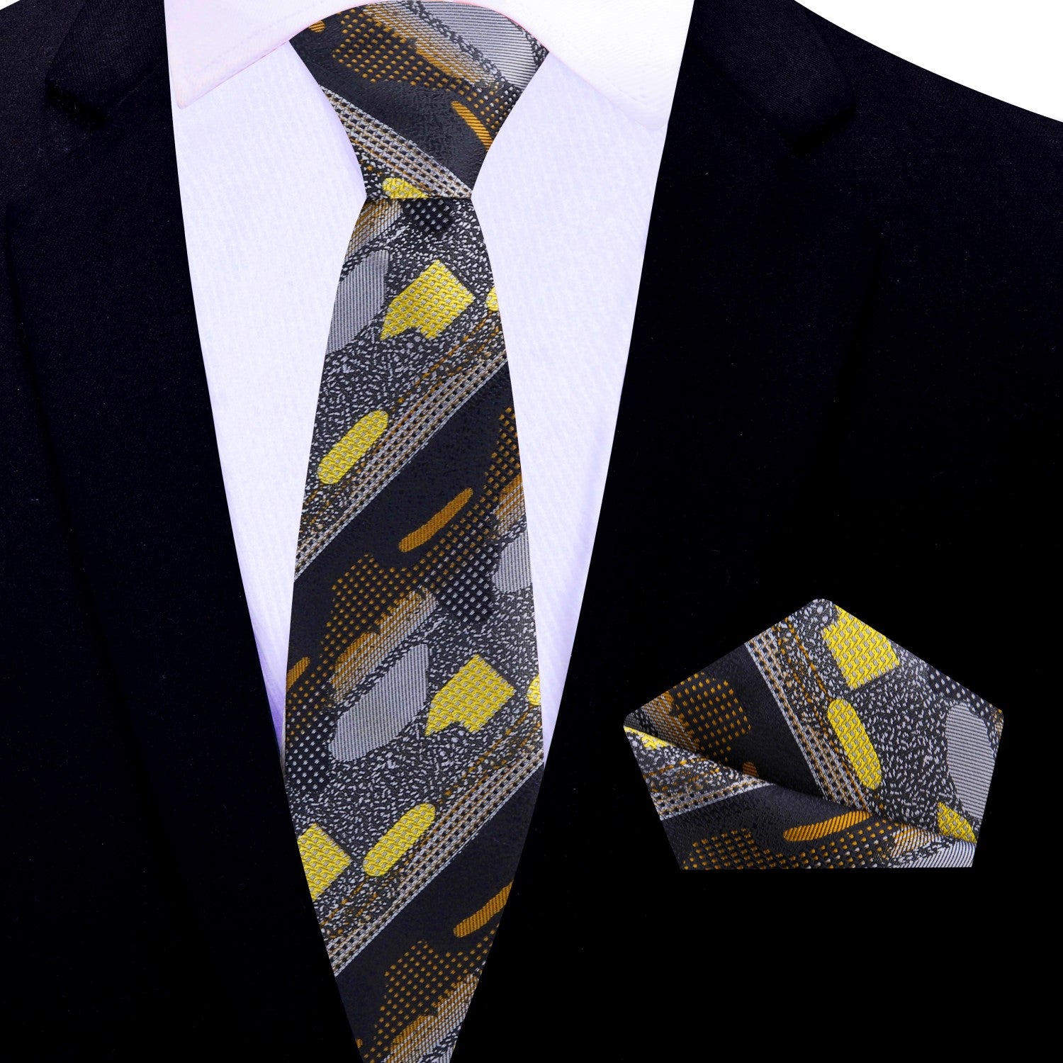 Stylish necktie with abstract pattern displayed on a mannequin, showcasing its elegant design and color palette.