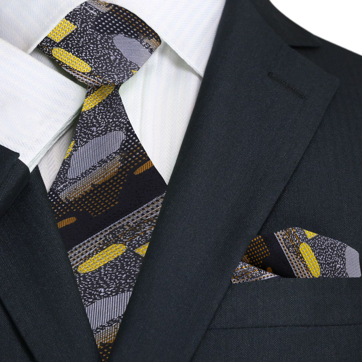 Necktie paired with a crisp white dress shirt and charcoal suit, demonstrating its versatility for business presentations.